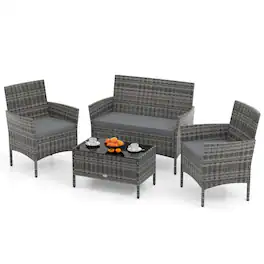 Gymax - Set of 4 Furniture Set w/ Washable Cushions & Tempered Glass Coffee Table Patio - Gray