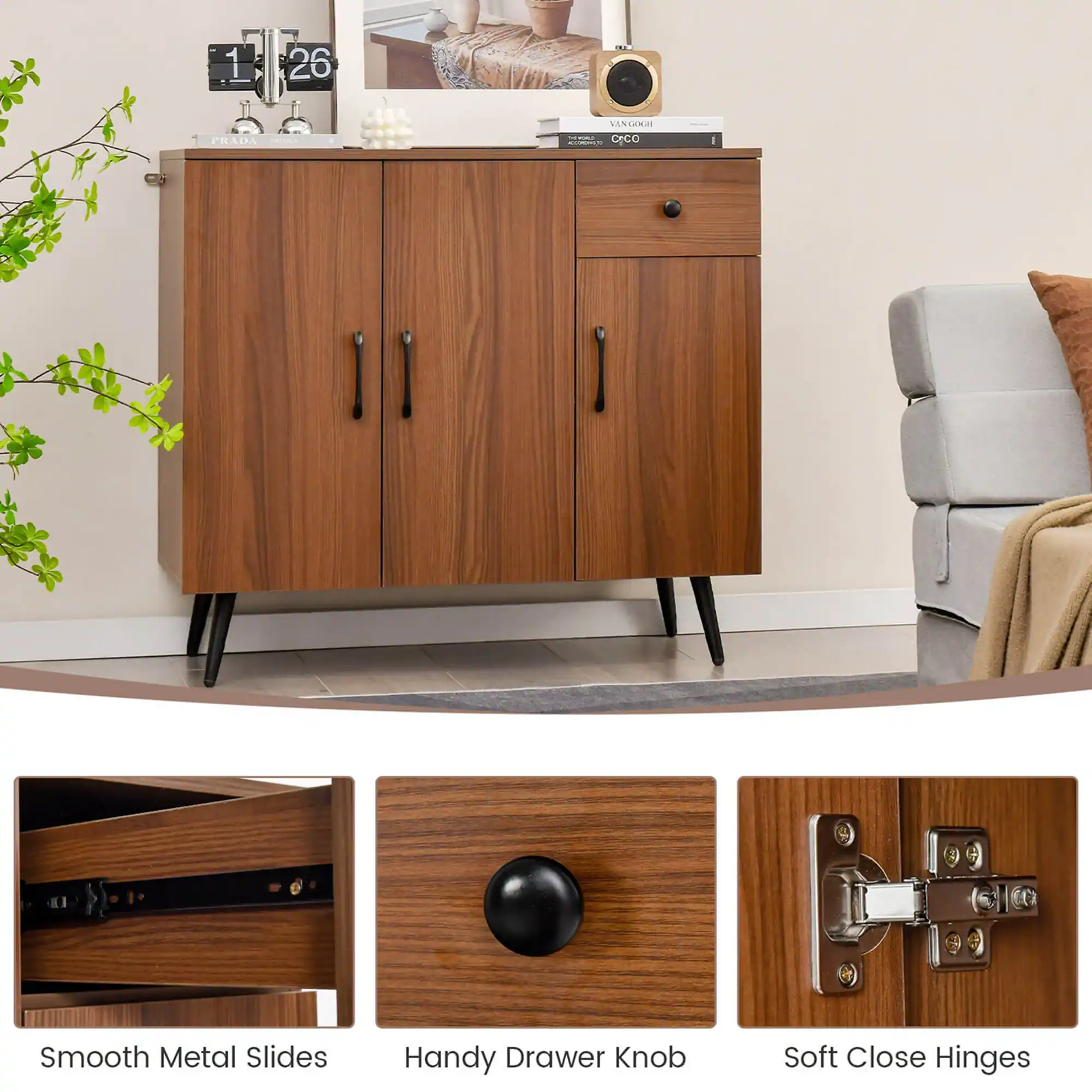 The image features a wooden dresser with a drawer and a cabinet. The dresser has a smooth metal slide, a handy drawer knob, and soft close hinges. The image also shows a couch in the background, a potted plant, and a clock on the wall.