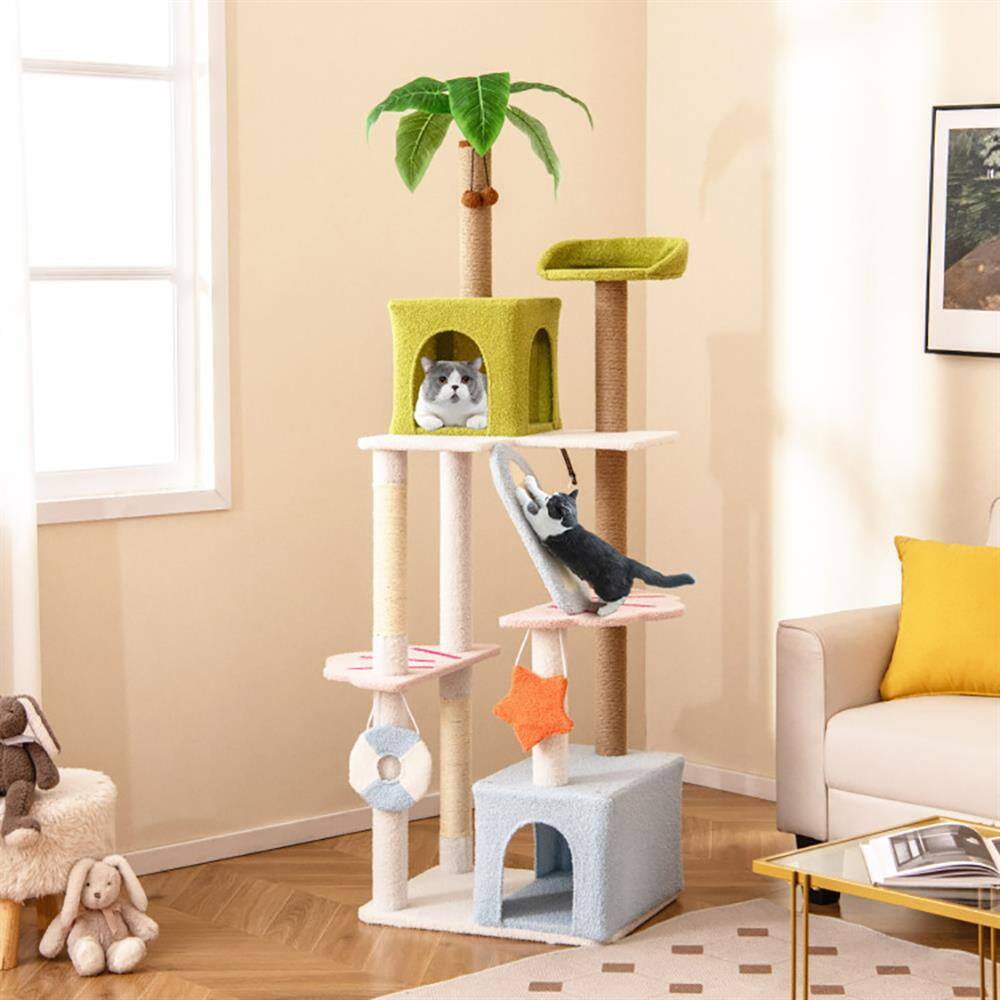 Alt View 1. Kadyn - Cat Scratching Tower,Cat Tree, 71 Inch Cat Tree Multi-Level Aesthetic Beach-Themed Kitten Tower-Colorful - White.