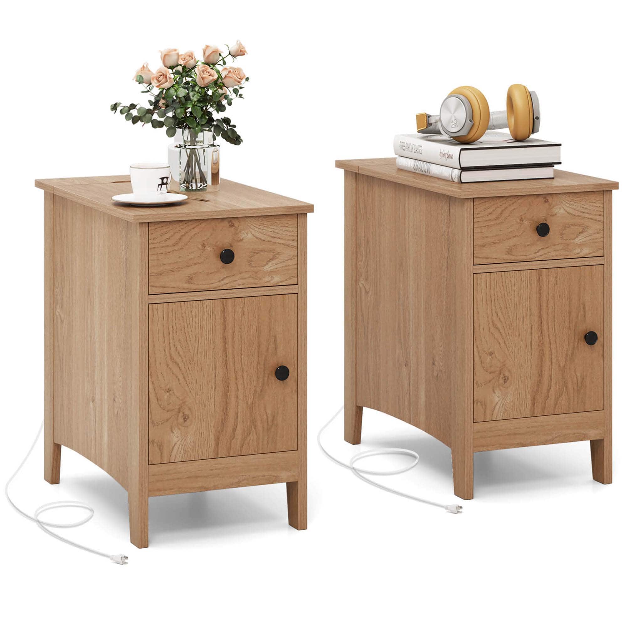 Front. Costway - 2 PCS End Table with Charging Station Flip Top Bedside Table with USB Ports & Outlets - Natural.