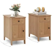 Costway 2 PCS End Table with Charging Station Flip Top Bedside Table with USB Ports & Outlets - Natural - Front_Zoom
