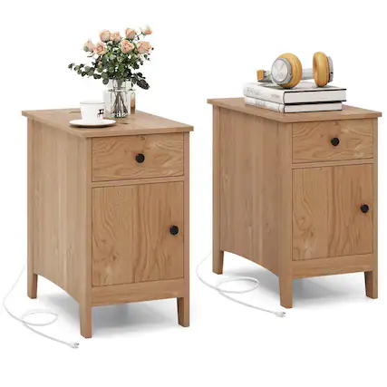 Front. Costway - 2 PCS End Table with Charging Station Flip Top Bedside Table with USB Ports & Outlets - Natural.