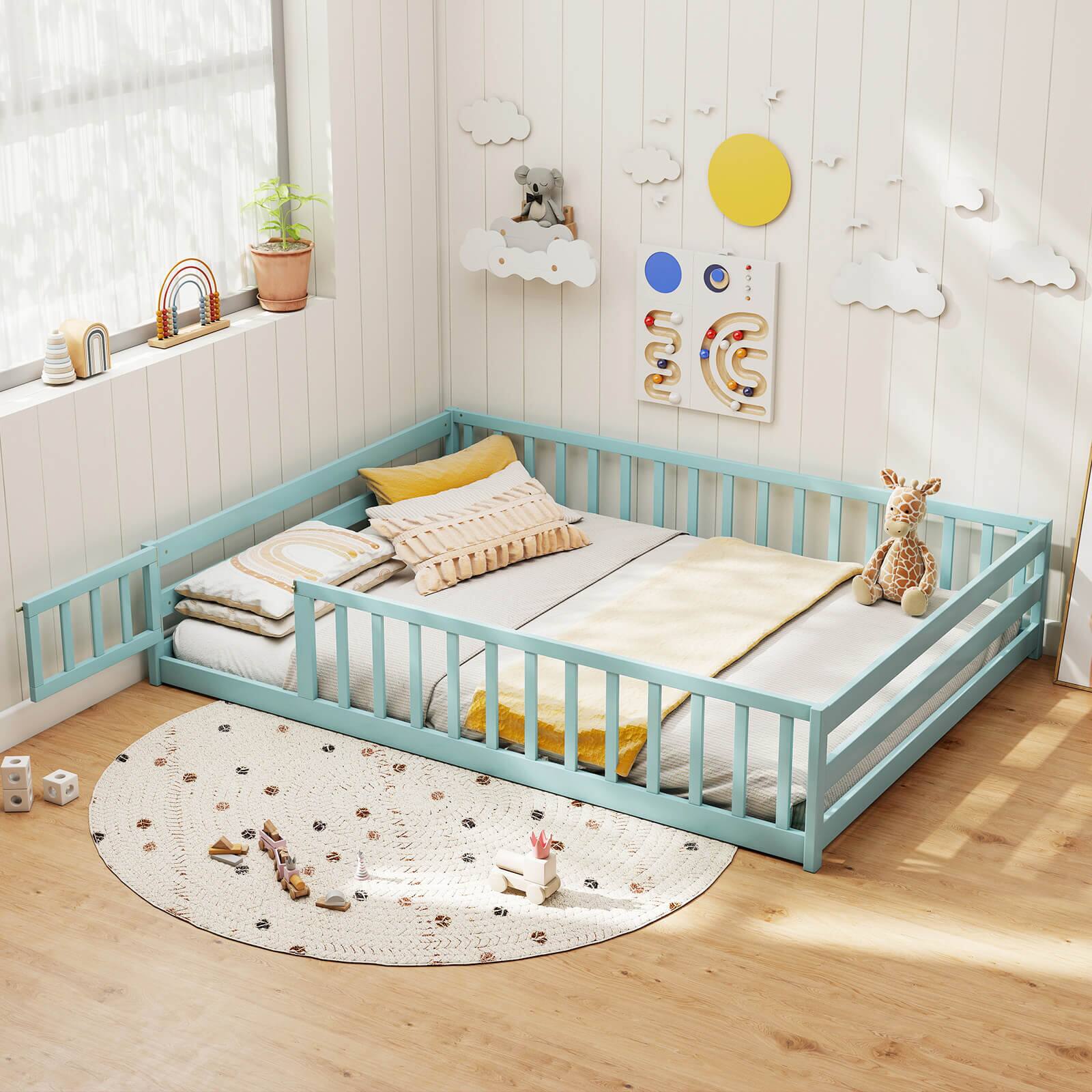 Alt View 1. Costway - Costway Full Size Floor Bed with Full Length Safety Guardrails & Door for Boys, Girls Icy - Icy Aqua.