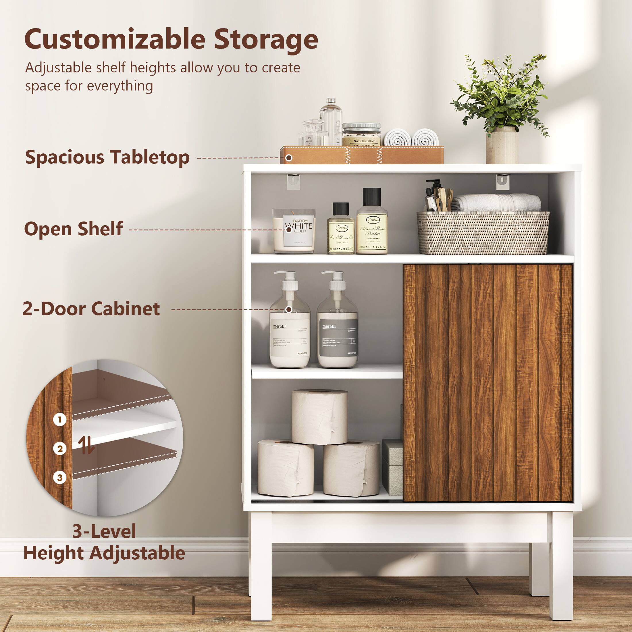 Customizable Storage, Adjustable shelf heights allow you to create space for everything, Spacious Tabletop, Open Shelf, 2-Door Cabinet, 3-Level Height Adjustable