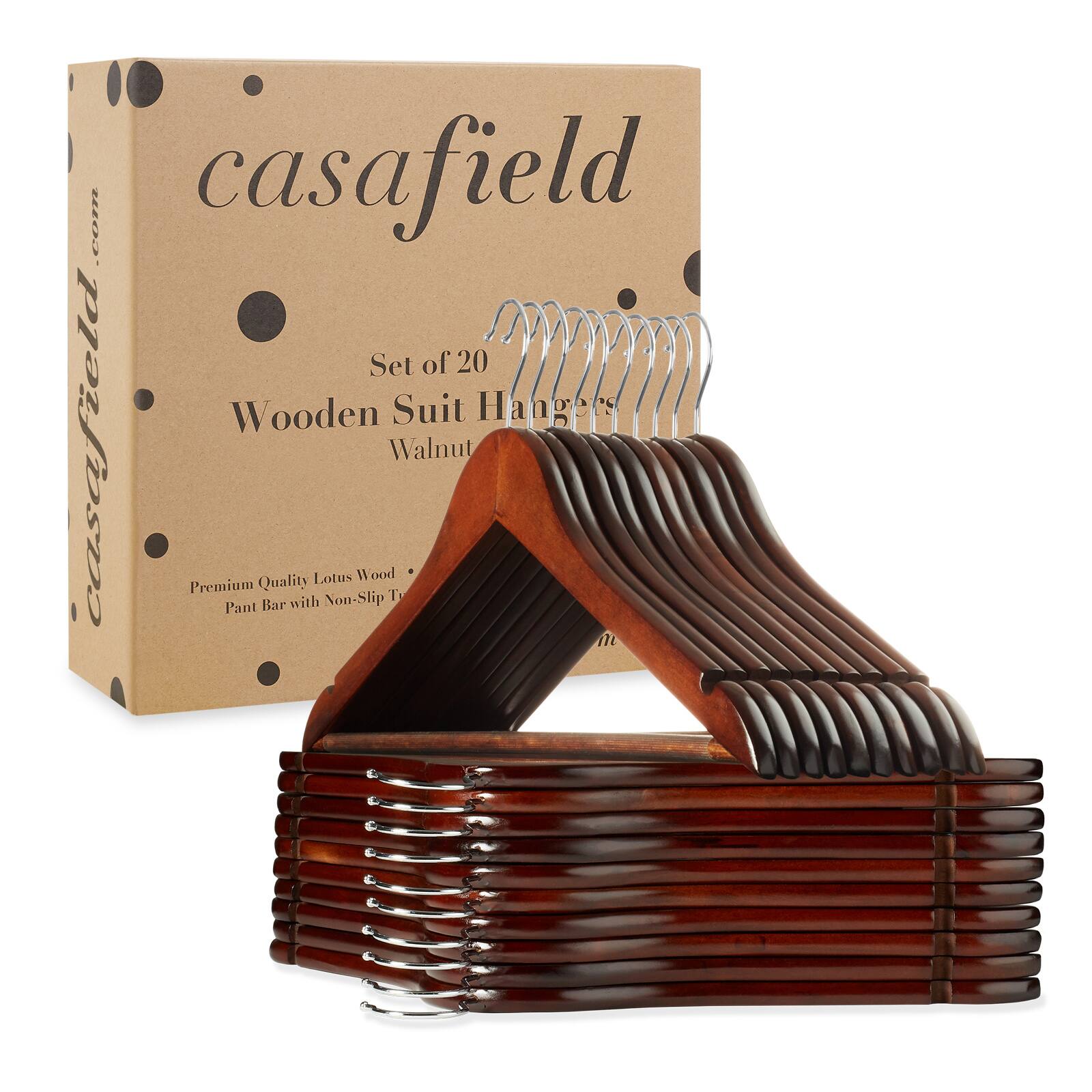 casafield.com  
Set of 20 Wooden Suit Hangers  
Walnut  
Premium Quality Lotus Wood • Pant Bar with Non-Slip T