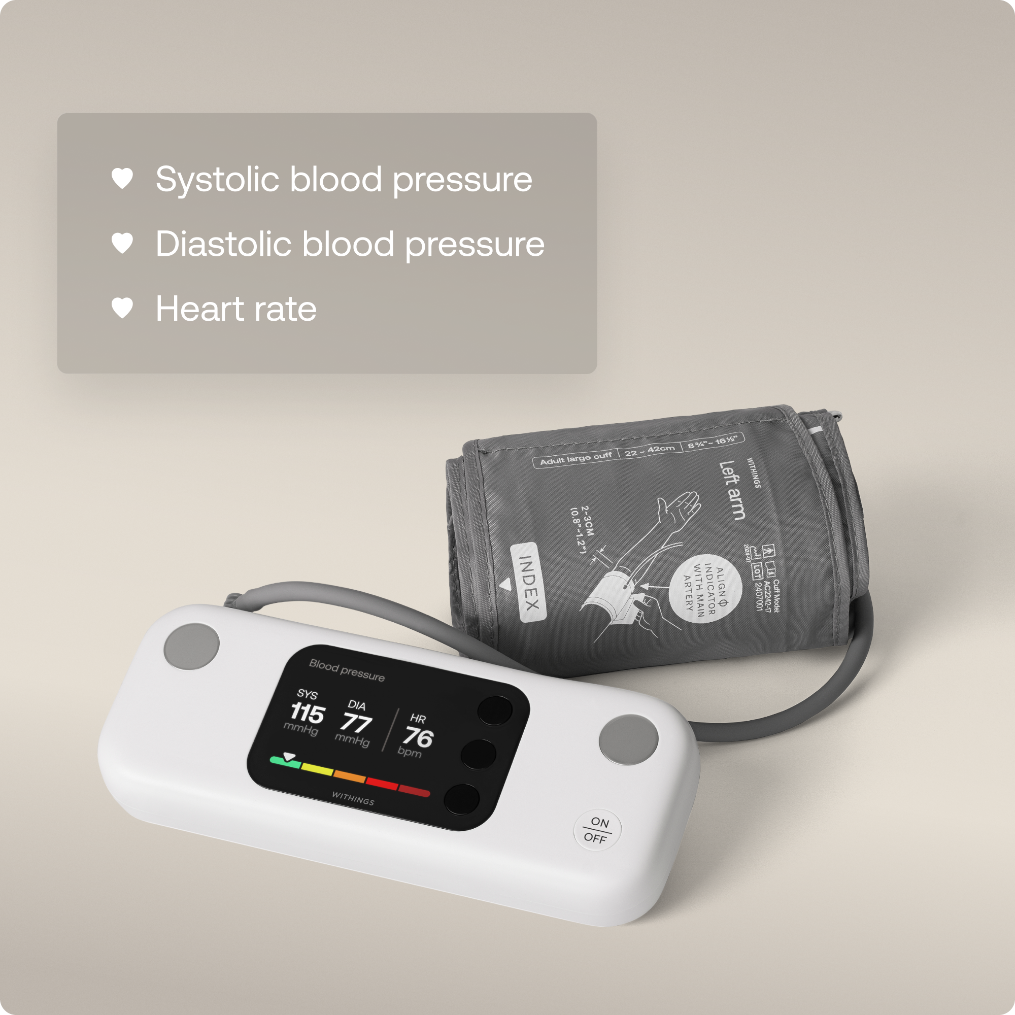 The text on the image reads: "Systolic blood pressure Diastolic blood pressure Heart rate sargs ad Atum .8 2-3CM INDEX W # 18W9 -. Anm Left SONDOR arm I 1 - WITH LeT U ANTERY MAIN INDICATOR ALIGNO pon C CuffMode Blood pressure SAS DIA 115 77 HR mmHg 76 mmHg bpm WITHINGS ON OFF."

Corrected text: "Systolic blood pressure (Diastolic blood pressure) Heart rate: 76 bpm (within normal range) Blood pressure: 115/77 mmHg (within normal range) Left arm cuff mode: Aneroid."