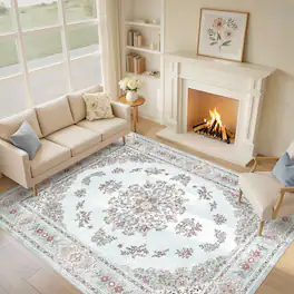 Yardgrace - 8'x10' ft Floral Bohemian Area Rug, Vintage Washable Printed Boho Carpet for Living Room Bedroom - Blue