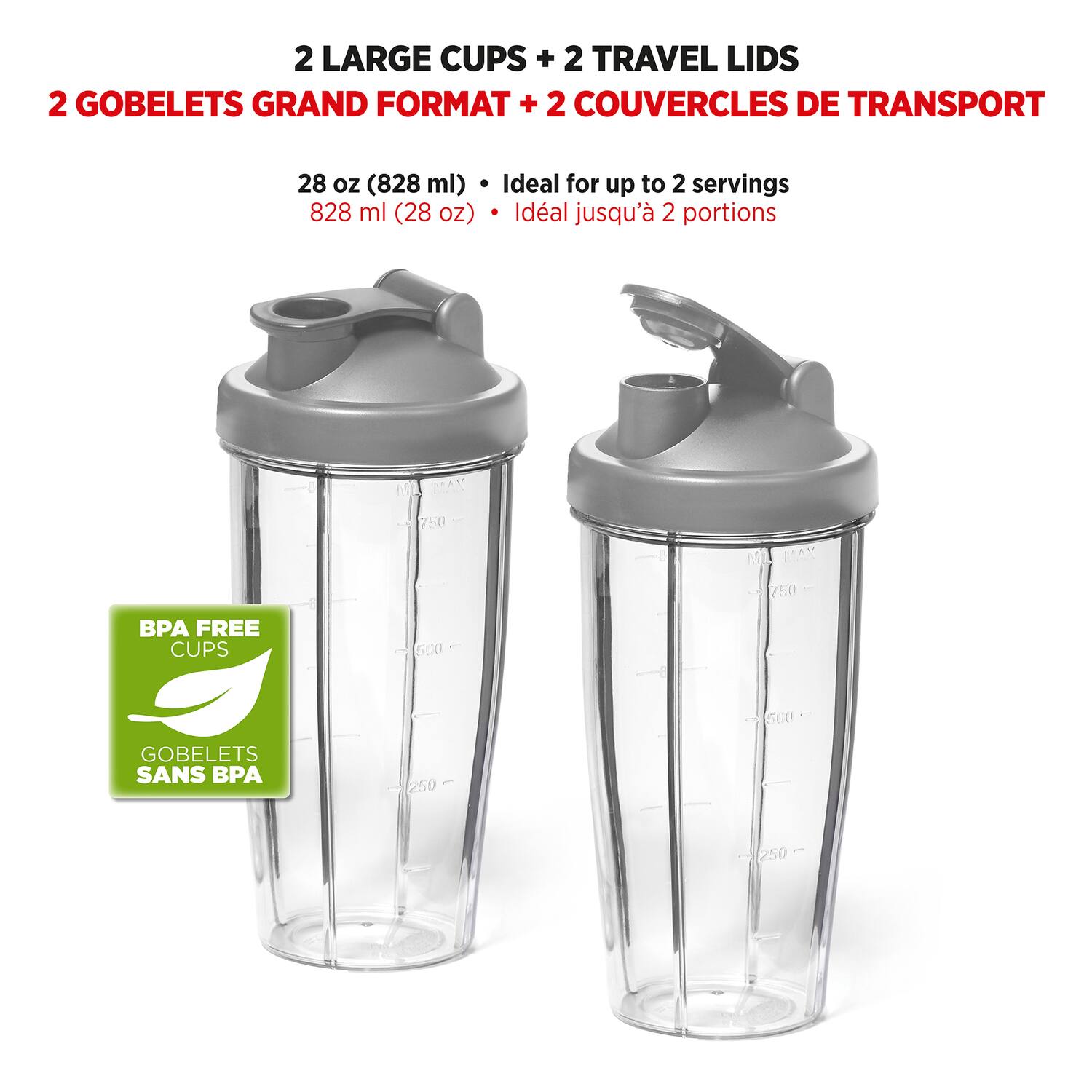 2 LARGE CUPS + 2 TRAVEL LIDS  
2 GOBELETS GRAND FORMAT + 2 COUVERCLES DE TRANSPORT  

28 oz (828 ml) • Ideal for up to 2 servings  
828 ml (28 oz) • Idéal jusqu'à 2 portions  

BPA FREE CUPS  
GOBELETS SANS BPA