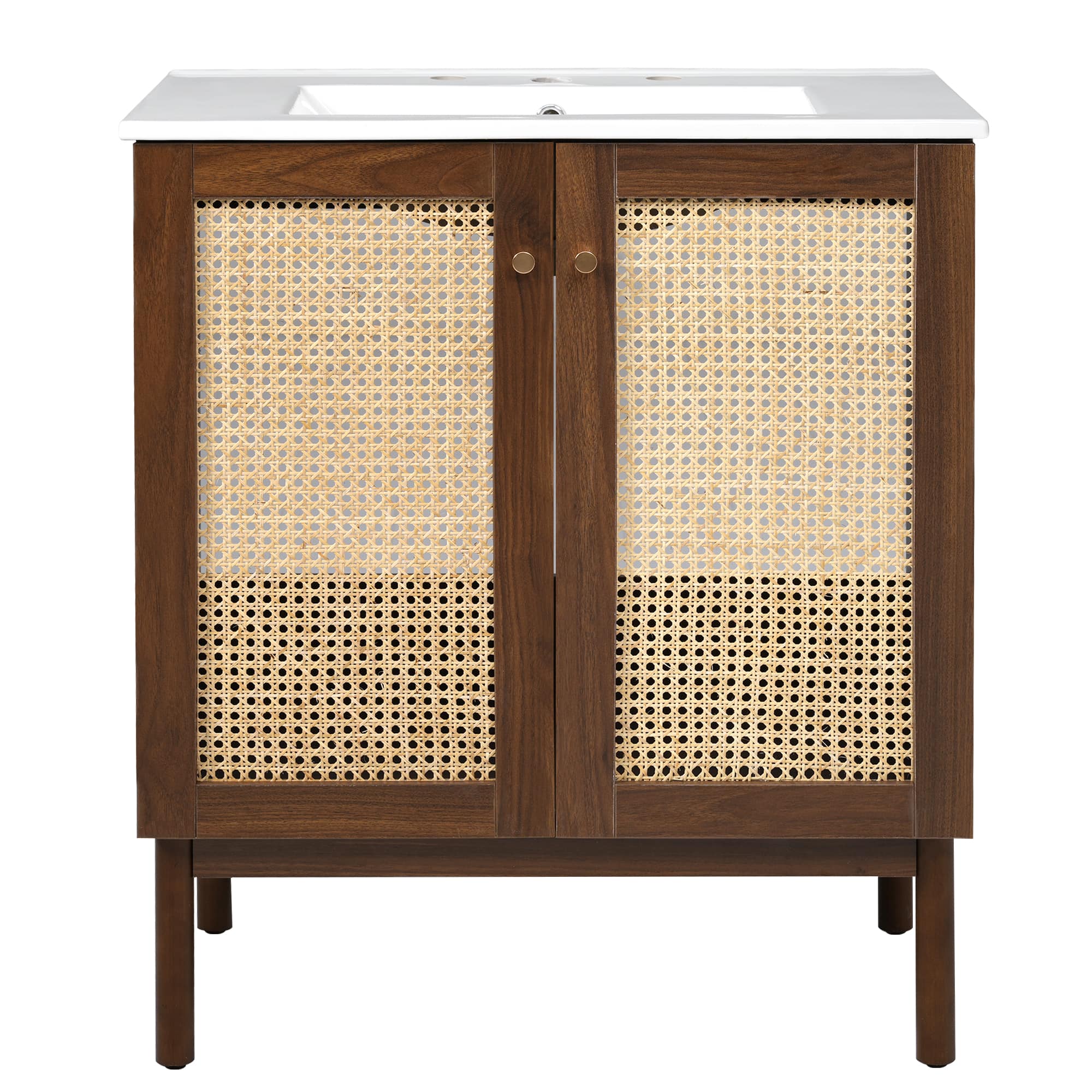 Ecooso - 30" Bathroom Vanity with Handwoven Bamboo Doors, Ceramic Sink, Soft-Close Cabinet, Freestanding Storage - Dark Walnut