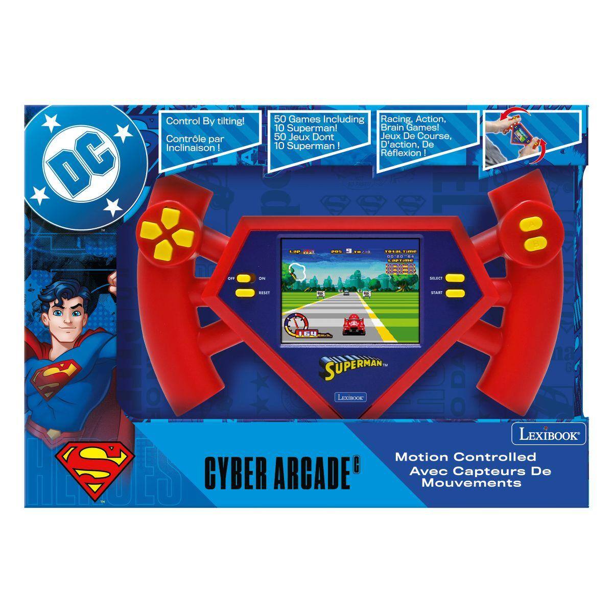 DC Control By tilting!  
Contrôle par Inclinaison!  

50 Games Including Racing, Action, 10 Superman! Brain Games!  
50 Jeux Dont Jeux De Course, 10 Superman D'action, De Réflexion!  

Motion Controlled  
Avec Capteurs De Mouvements  

CYBER ARCADE  
LEXIBOOK