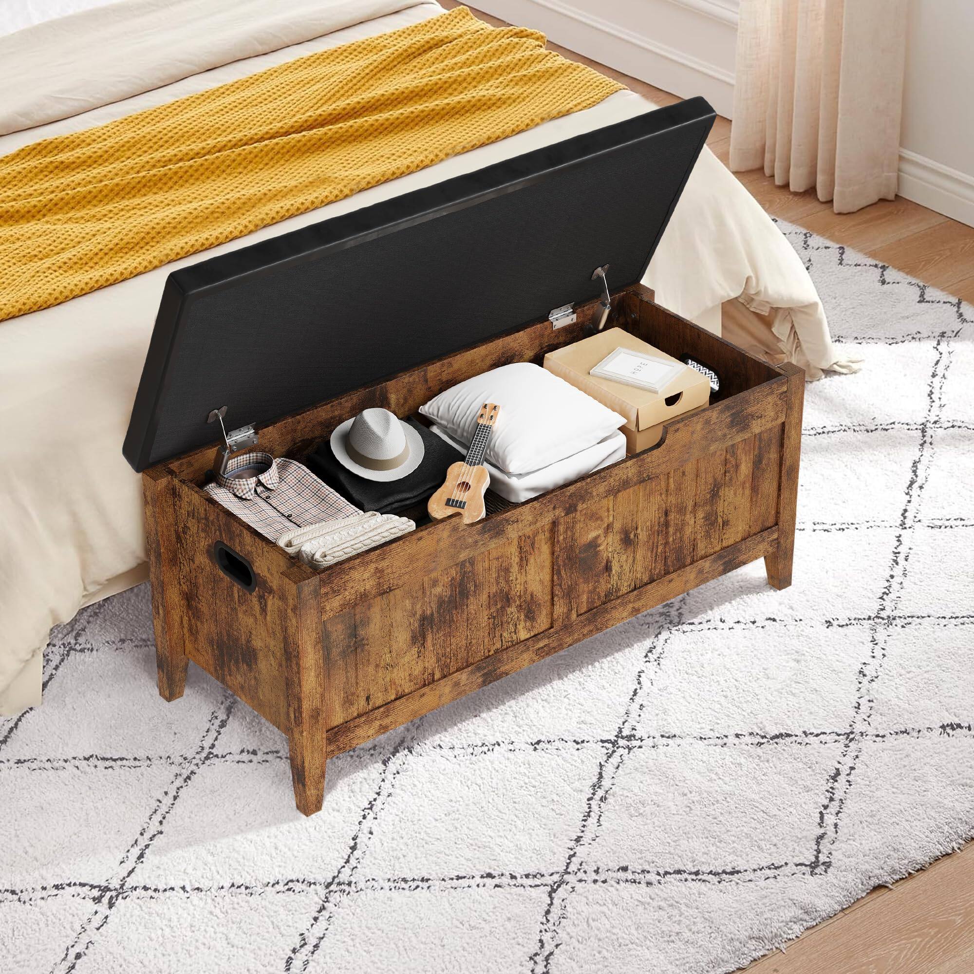 Alt View 5. Jojoka - Upholstered Storage Bench with Cushion Seat, Wooden Storage Chest Trunk with 2 Safety Hinges, Organizer - Brown.