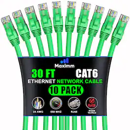Maximm - Cat 6 Ethernet Cable 30 ft (10-Pack) - UTP, 10Gbps, 550MHz