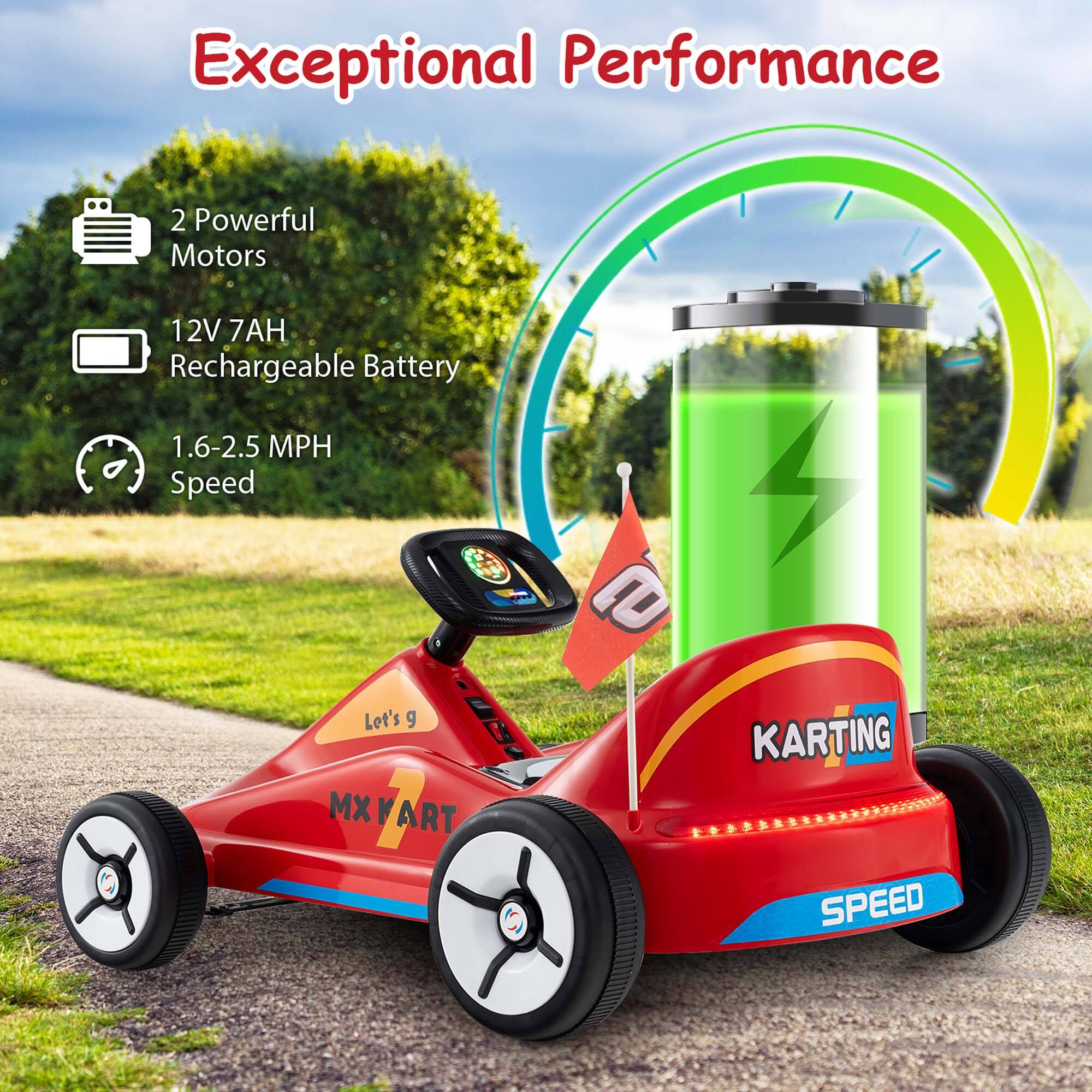 Exceptional Performance

2 Powerful Motors

12V 7AH Rechargeable Battery

1.6-2.5 MPH Speed

Let's go!

KARTING SPEED