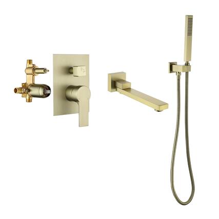 Front. Boyel Living - Brushed Gold Wall Mount Bathtub Faucet Brass 2-Function Valve 180° Rotating Spout Handheld 60-Inch Hose cUPC - Brushed Gold.