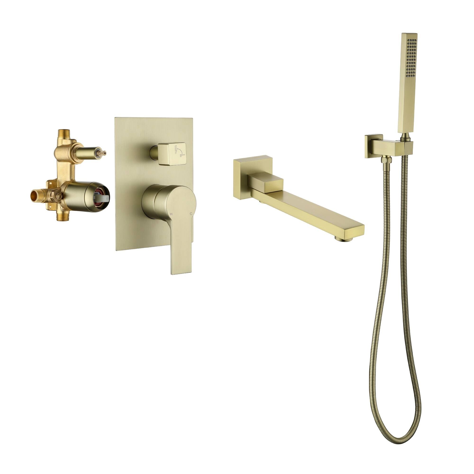 Front. Boyel Living - Brushed Gold Wall Mount Bathtub Faucet Brass 2-Function Valve 180° Rotating Spout Handheld 60-Inch Hose cUPC - Brushed Gold.