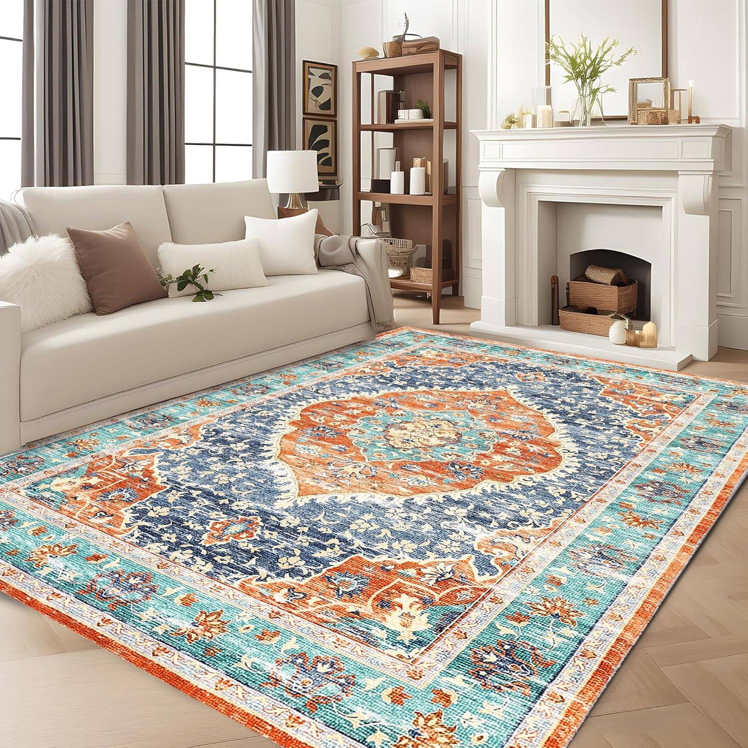 Front. Jojoka - 9x12ft Washable Vintage Area Rug, Distressed Thin Foldable Accent Carpet, Red and Blue, Multi-Color Indoor Cover - Red Blue.