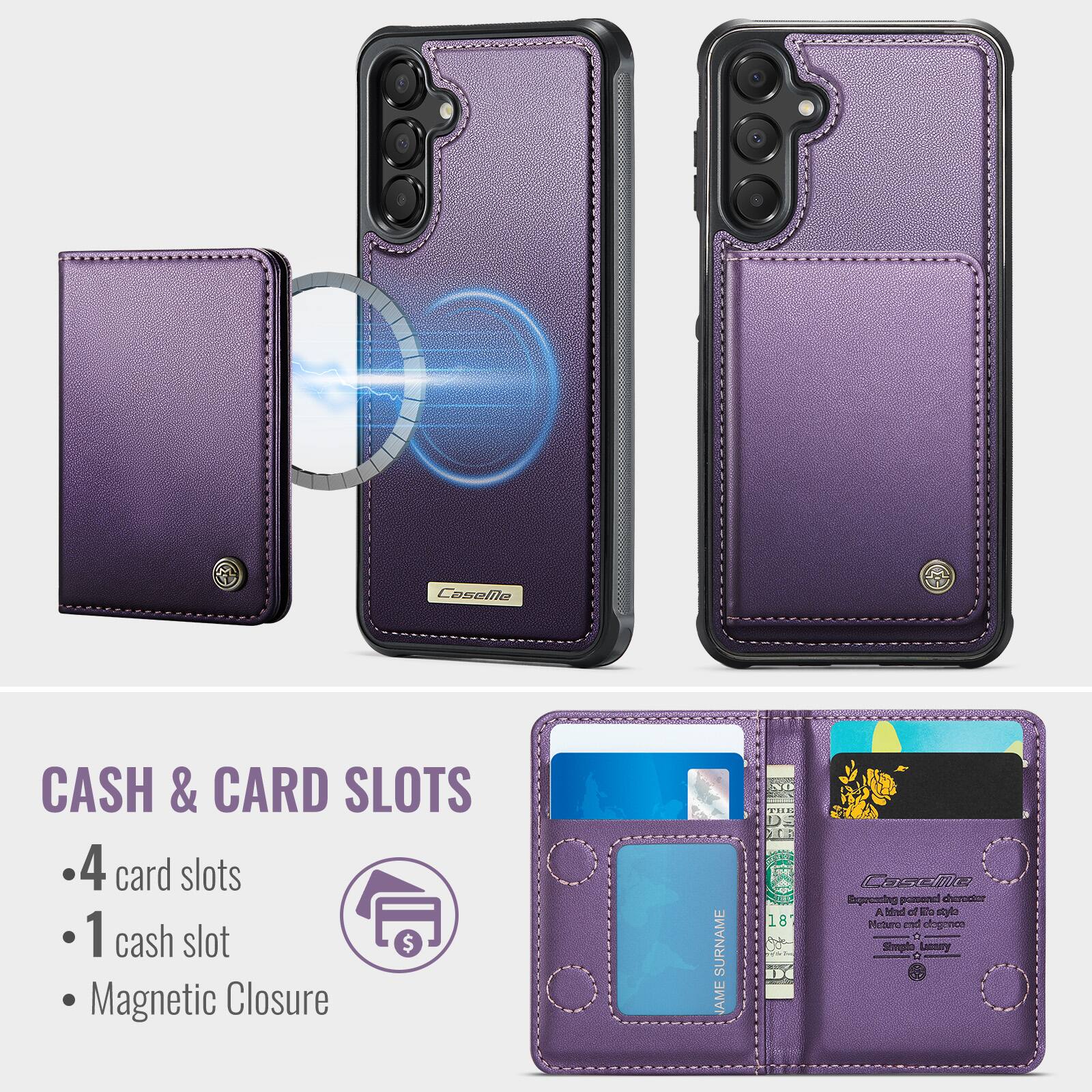 Caselile CASH & CARD SLOTS  
4 card slots  
1 cash slot  
Magnetic Closure  

SURNAME NAME  

Expressing personal destroyer  
A kind of old style  
Mature and elegant  
Simple and luxury