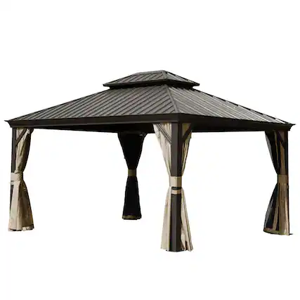 Front. Mondawe - 10' X 14' Permanent Outdoor Gazebo with Galvanized Steel Double Roof - Brown.