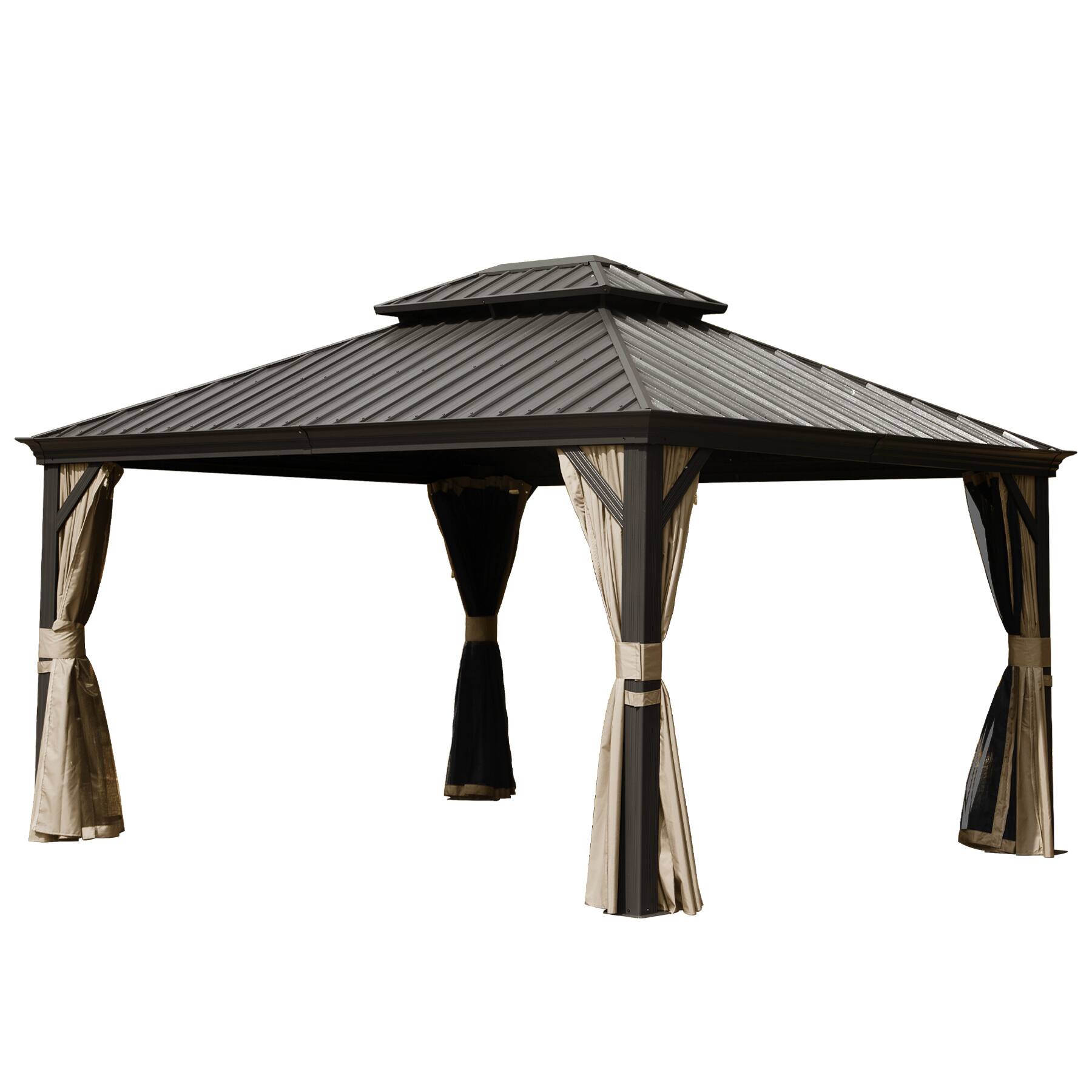 Front. Mondawe - 10' X 14' Permanent Outdoor Gazebo with Galvanized Steel Double Roof - Brown.