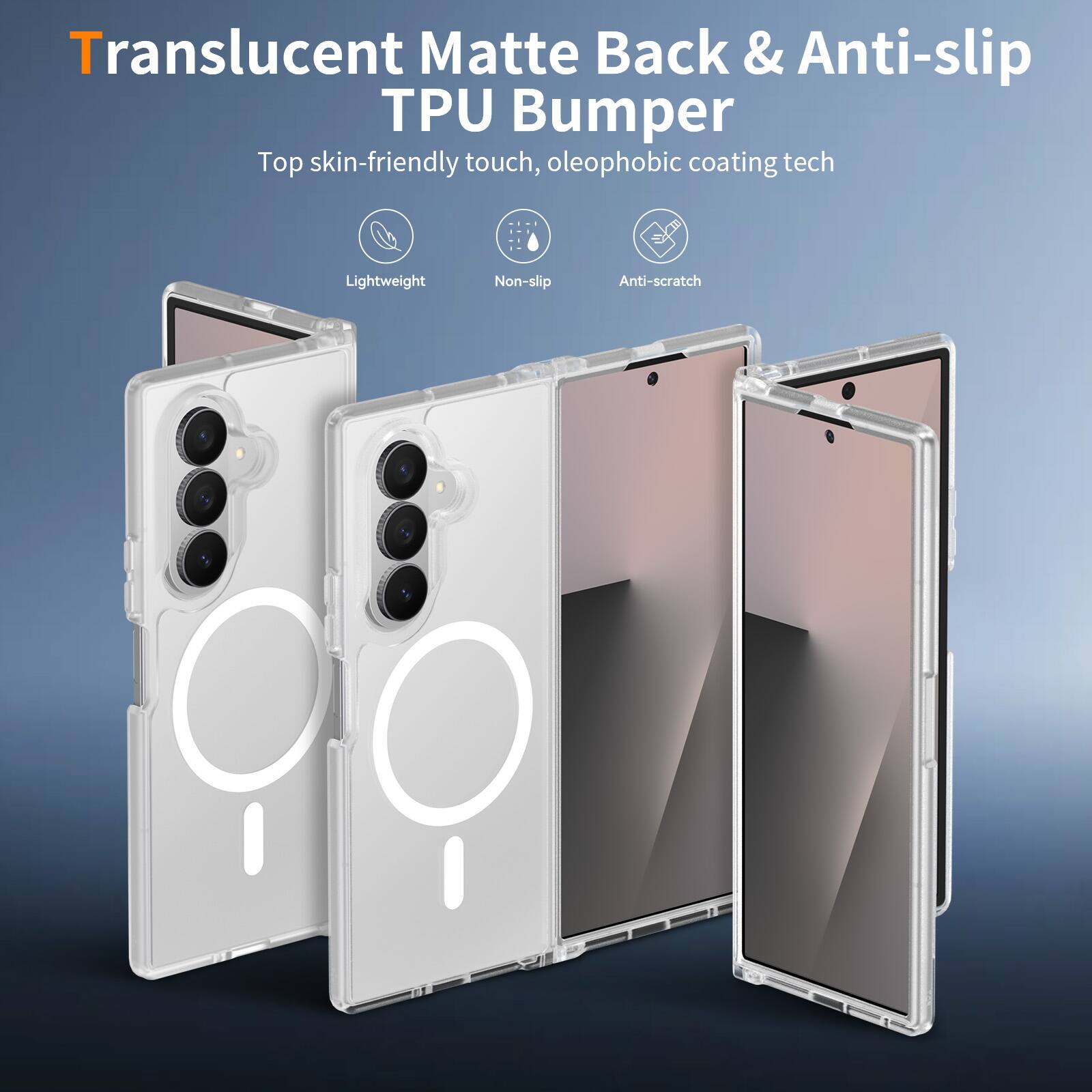 Translucent Matte Back & Anti-slip TPU Bumper  
Top skin-friendly touch, oleophobic coating tech  
Lightweight  
Non-slip  
Anti-scratch