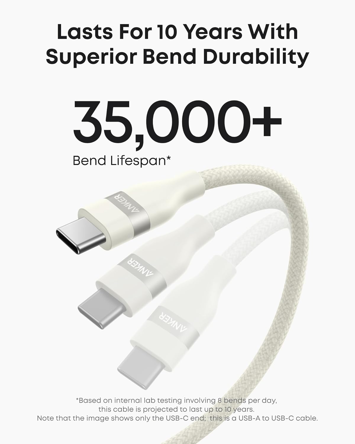 Lasts For 10 Years With Superior Bend Durability  
35,000+ Bend Lifespan*  

*Based on internal lab testing involving 8 bends per day, this cable is projected to last up to 10 years.  
Note that the image shows only the USB-C end; this is a USB-A to USB-C cable.