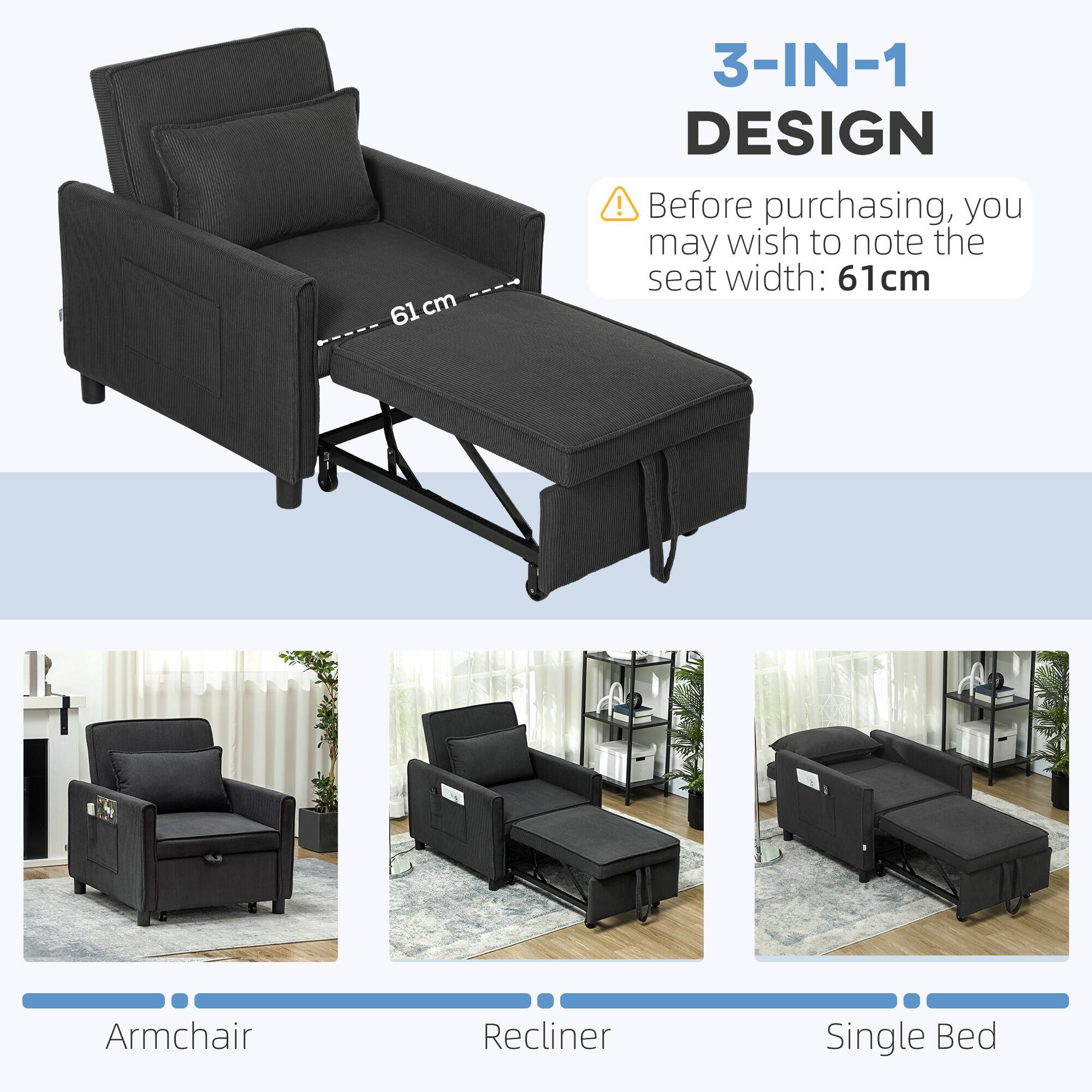 3-IN-1 DESIGN, Before purchasing, you may wish to note the seat width: 61cm, Armchair, Recliner, Single Bed