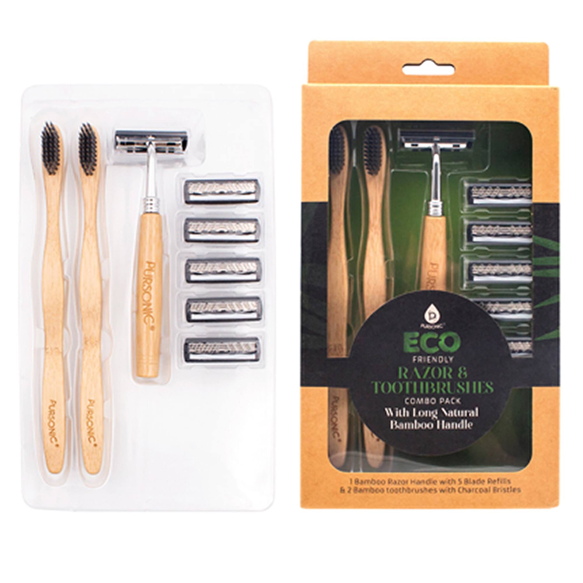 PURSONIC PURSONIC ECO FRIENDLY RAZOR & TOOTHBRUSHES COMBO PACK with Long Natural Bamboo Handle 1 Bamboo Razor Handle with 5 Blade Refits & 2 Bamboo toothbrushes with Charcoal Bristles