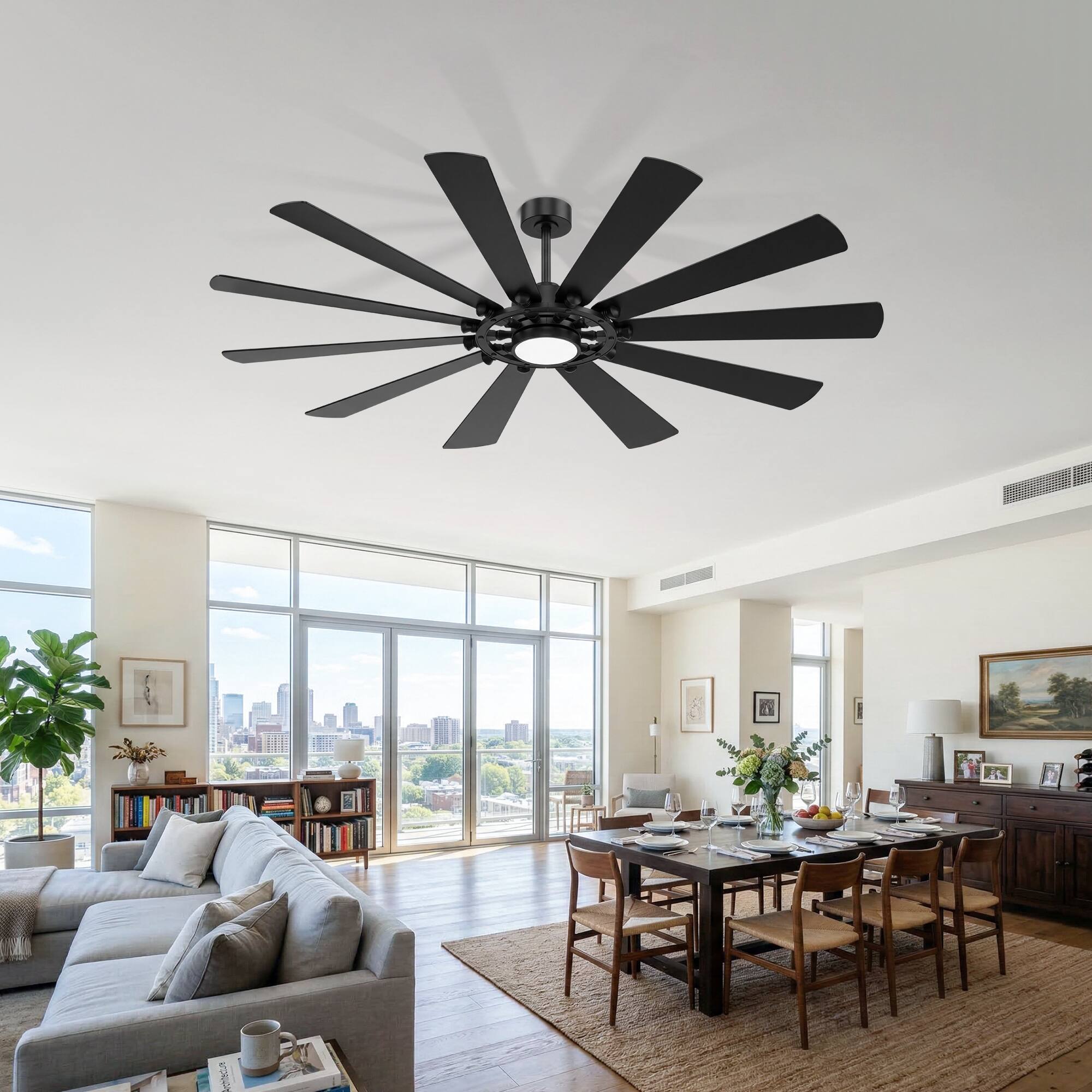 Back. Breezary - 62-Inch Large Ceiling Fan with 10 Plywood Blades, DC Motor, 6-Speed Remote, Tri-Color Dimmable LED, Dual Downrods - Matte Black.