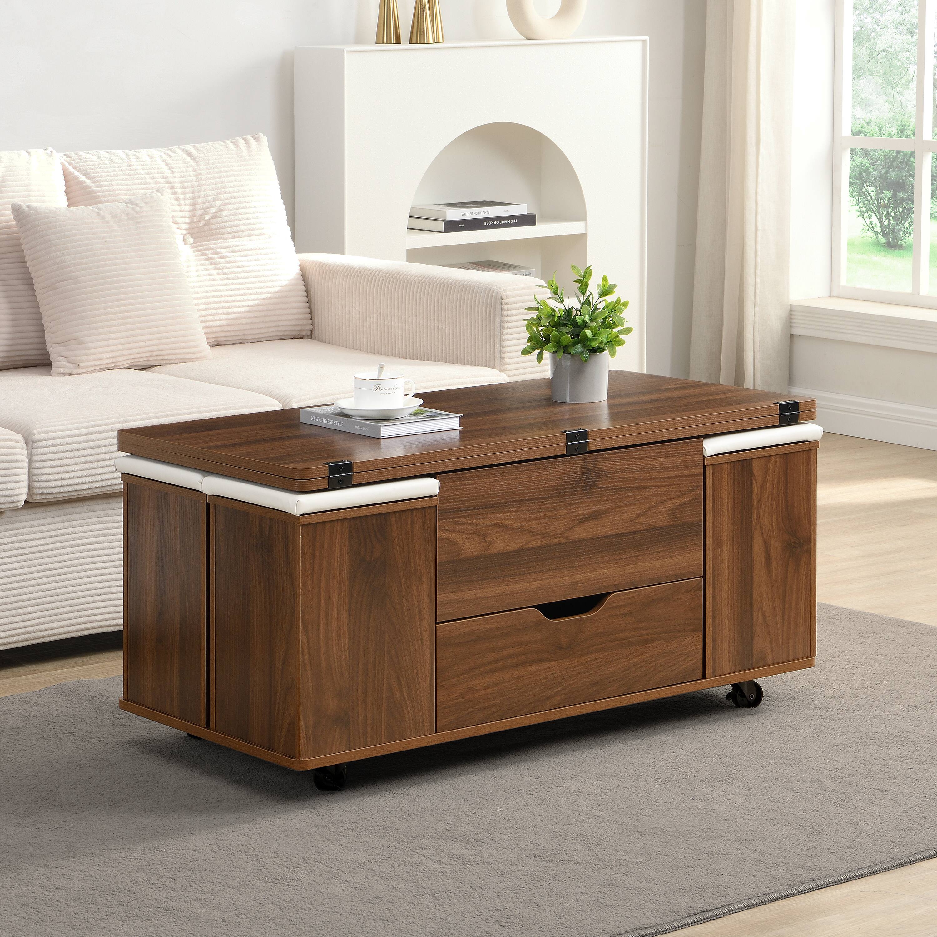 Alt View 8. Ecooso - Coffee Table Multi-Functional Lift-Top with Hidden Storage and 4 Stools, Modern Center Table for Living Room - Walnut,White.