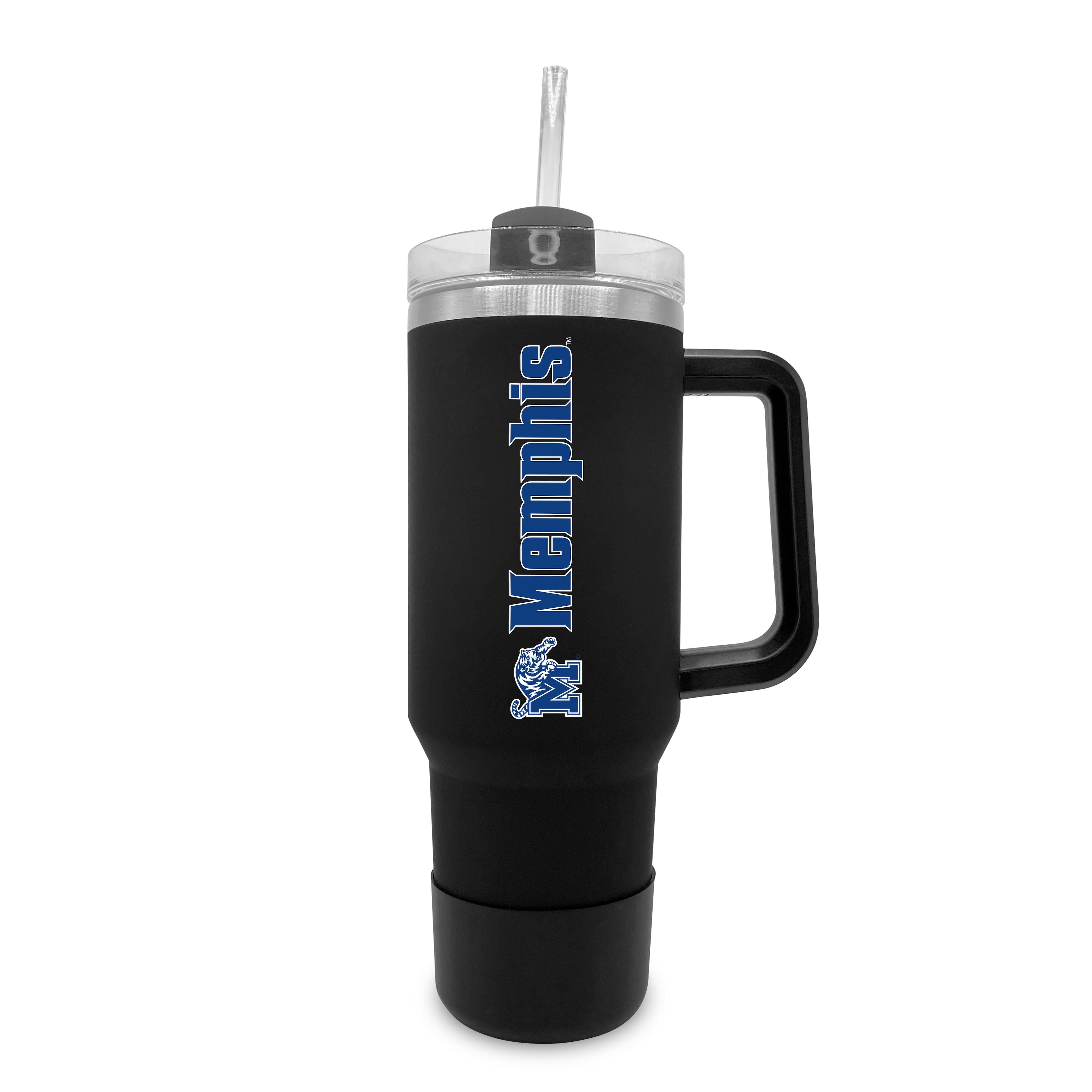 Front. The Fanatic Group - Memphis Tigers 40oz. Stainless Tumbler with Handle & Removable Straw - Black.