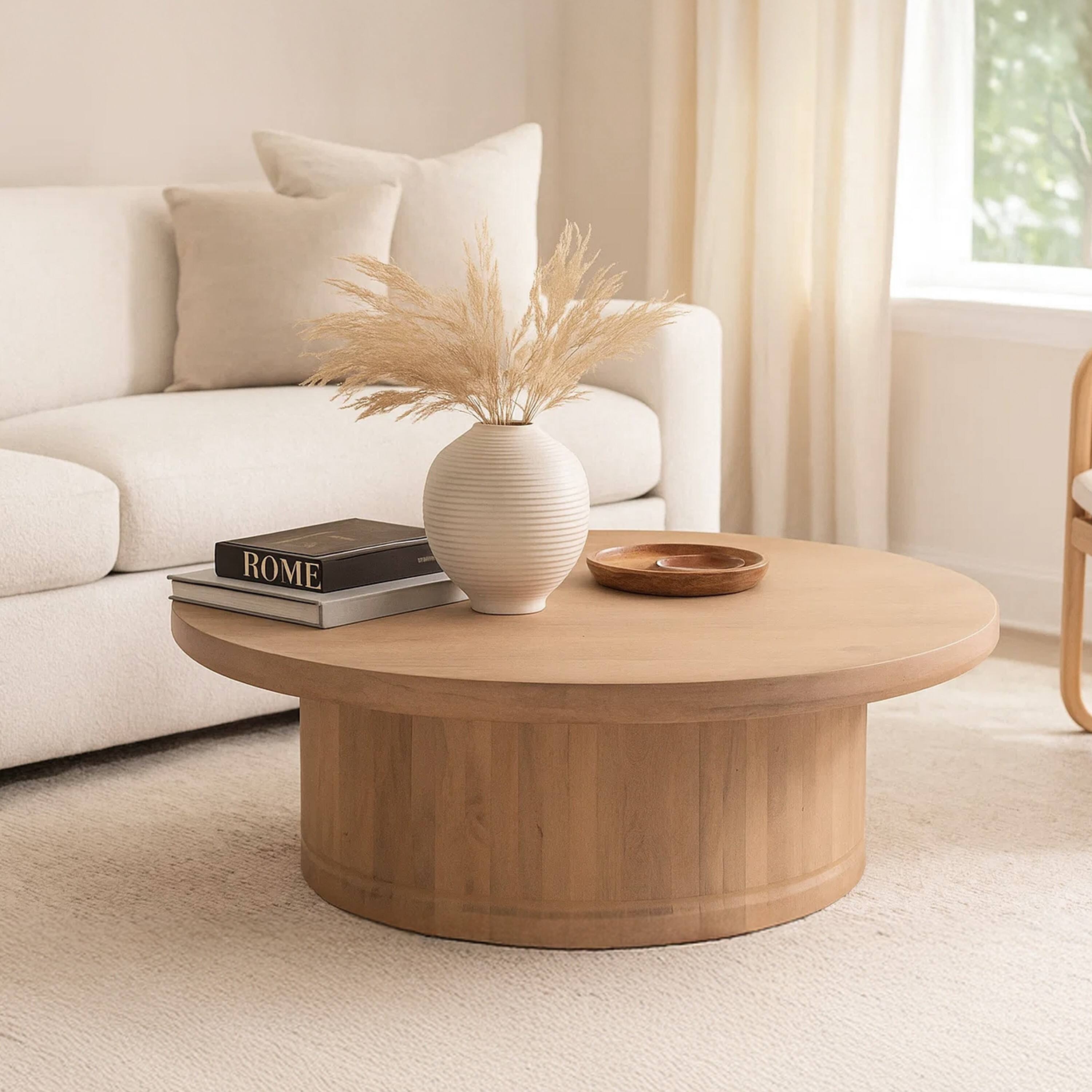 Alt View 7. Manhattan Lane - Bela Coffee Table | 47 Inch Round Top | Handcrafted Beige Mango Wood Pedestal Base - Beige.