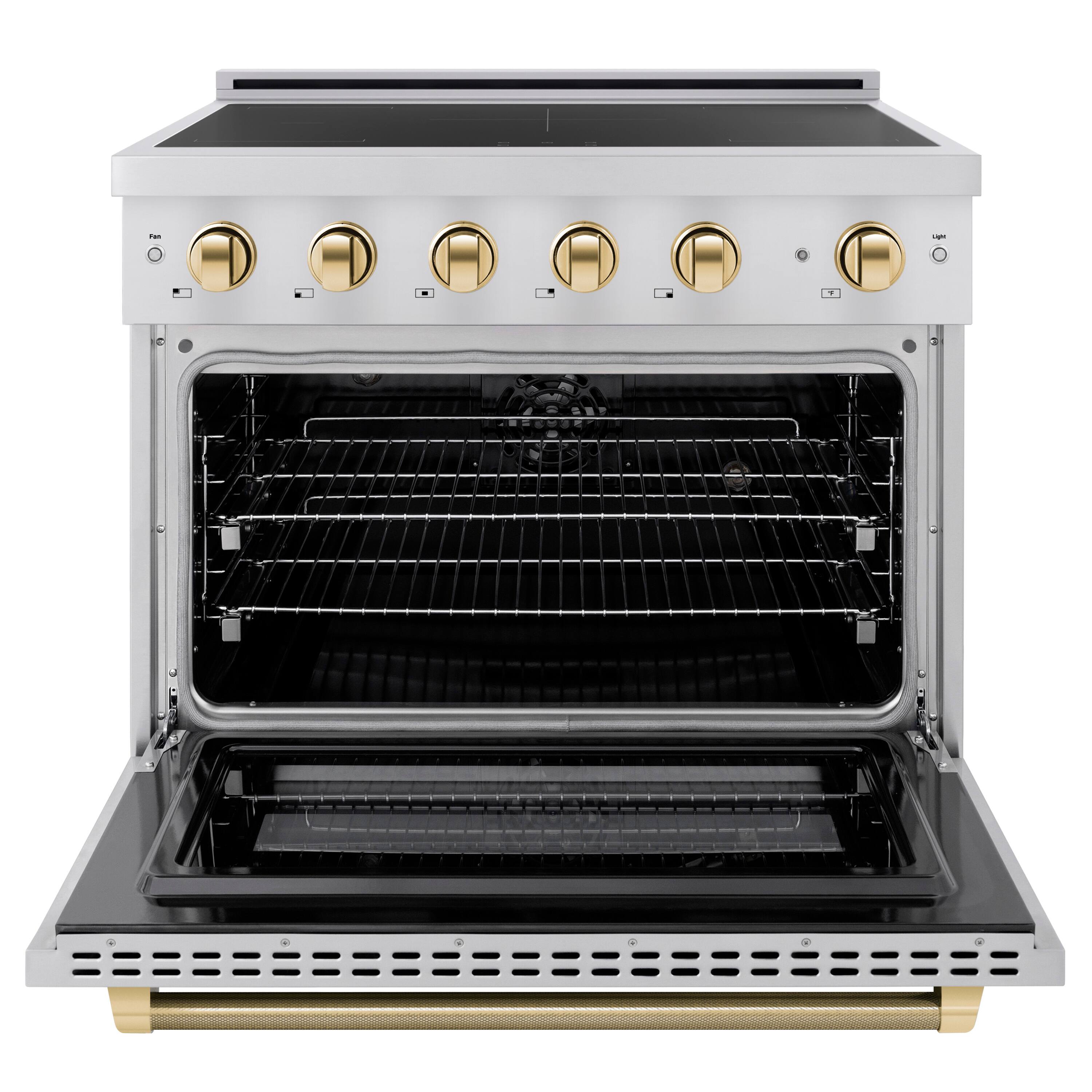 Angle. ZLINE - Autograph 36 in. 5.2 cu. ft. Paramount Freestanding Induction Range with 5 Burners and Polished Gold Helix Handle - Stainless Steel.
