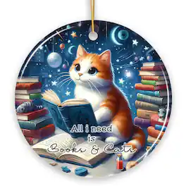 OrnamentallyYou - All I Need is Books Cats Ceramic Ornament Book Lover Gift of Imagination and the Universe - Multi-colored