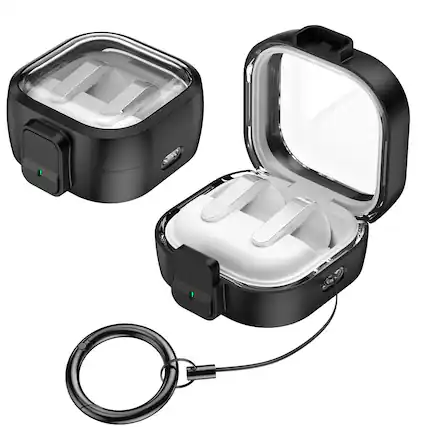 Front. Dteck - For Samsung Galaxy Buds 4 / Buds 4 Pro Earphone Case Rugged Safety Lock Protective Cover With Anti-Loss Keychain - Black.