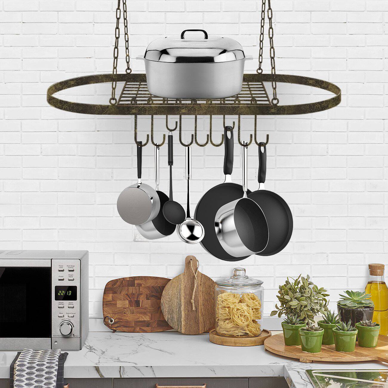 Angle. Sorbus - Sorbus® Pot and Pan Rack for Ceiling with Hooks, Decorative Oval Mounted Storage Rack, Multi-Purpose Organizer for Home - Brown.