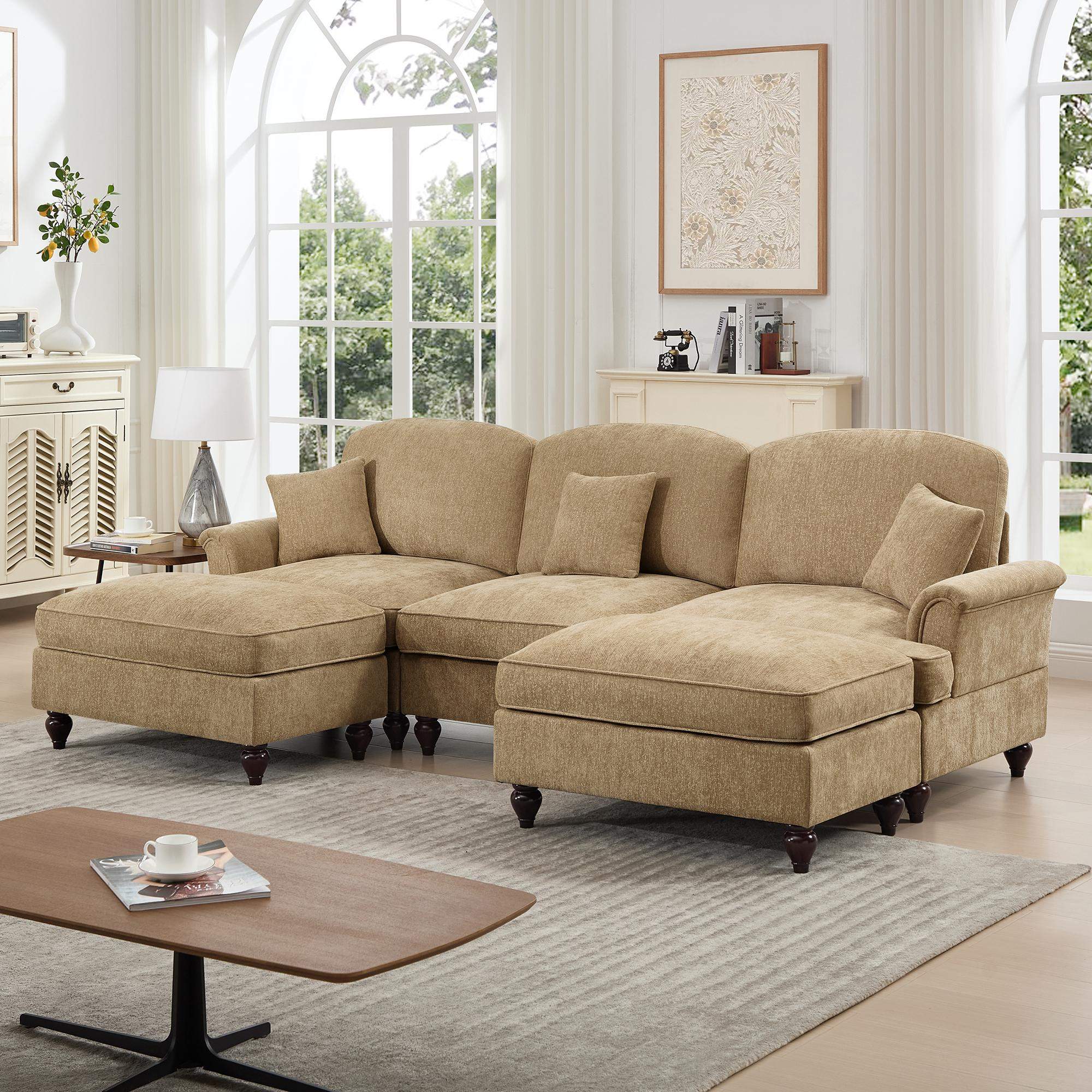 Back. Roomtec - Classic Comfy Modular U Shape Sectional Sofa Couch with Flared Arms and Removable Ruffles Pleats Skirts and Spindle - Light Coffee.