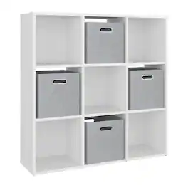 TuHome - Lena 9-Cube Storage Organizer Bookcase with Display Shelves and 4 Cloth Boxes - White