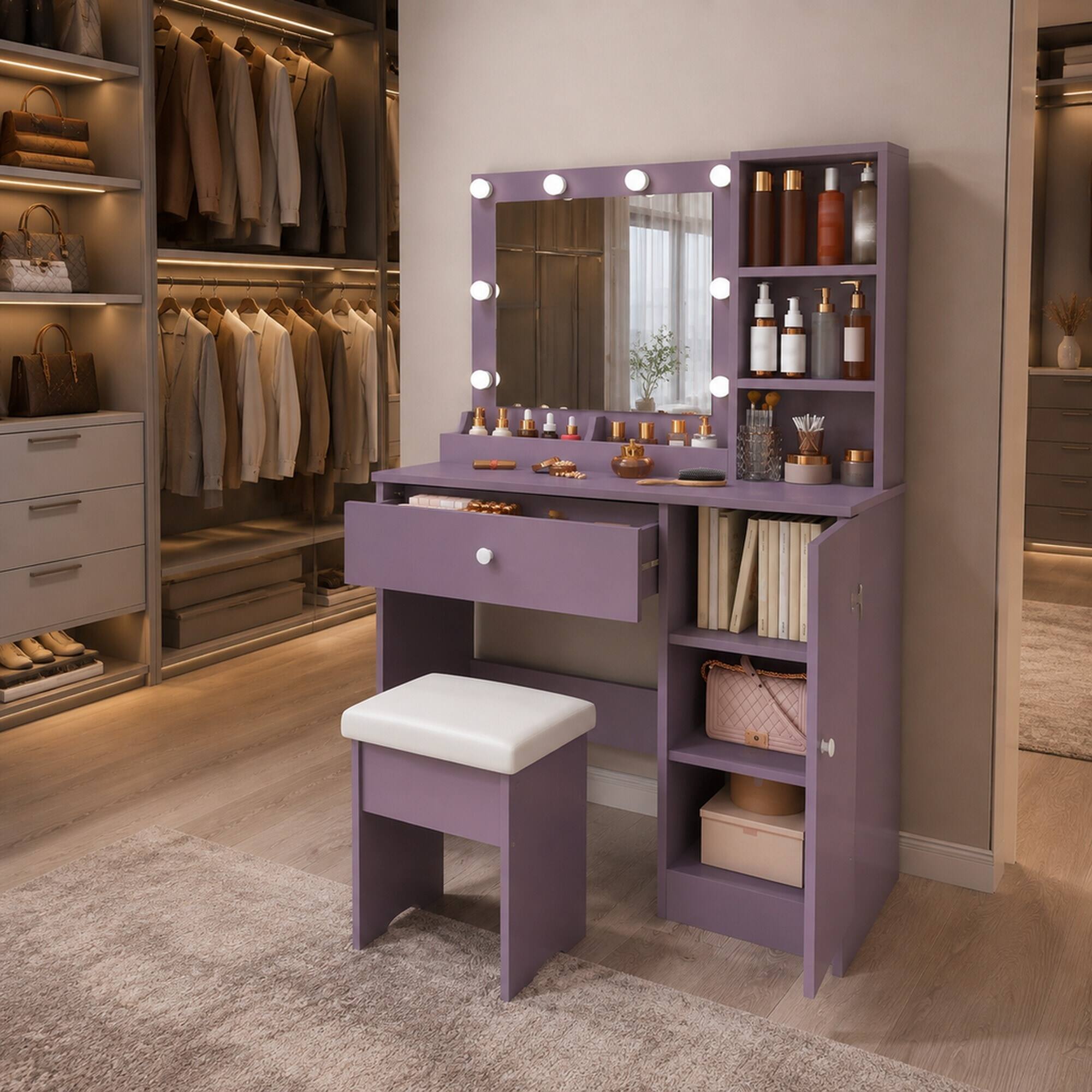 Left. RYHNUYNE - Purple Vanity Desk Set, Padded Stool, Lighted Mirror, 8 Bulbs, 3 Color Modes, MDF, Drawer and Storage Locker - Purple.