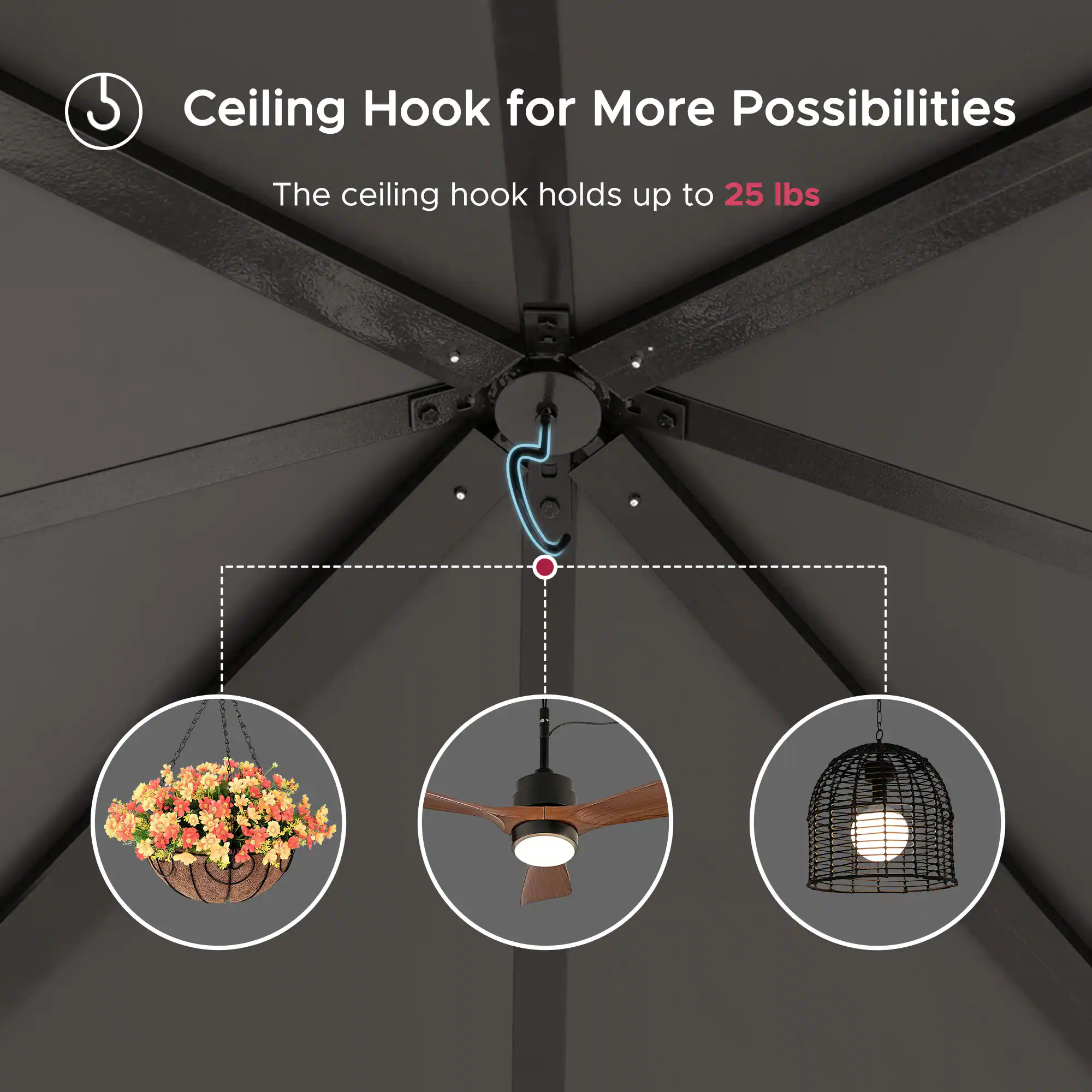 Ceiling Hook for More Possibilities  
The ceiling hook holds up to 25 lbs