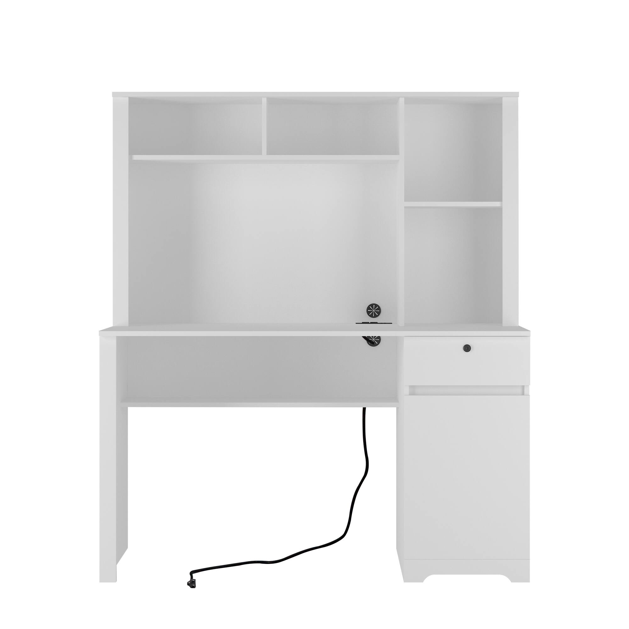 Alt View 4. Tiramisubest - Modern Wooden Computer Desk with Hutch & Bookshelf, White Home Office Desk with Drawers, 3 AC Outlets, 2 USB Ports - White.