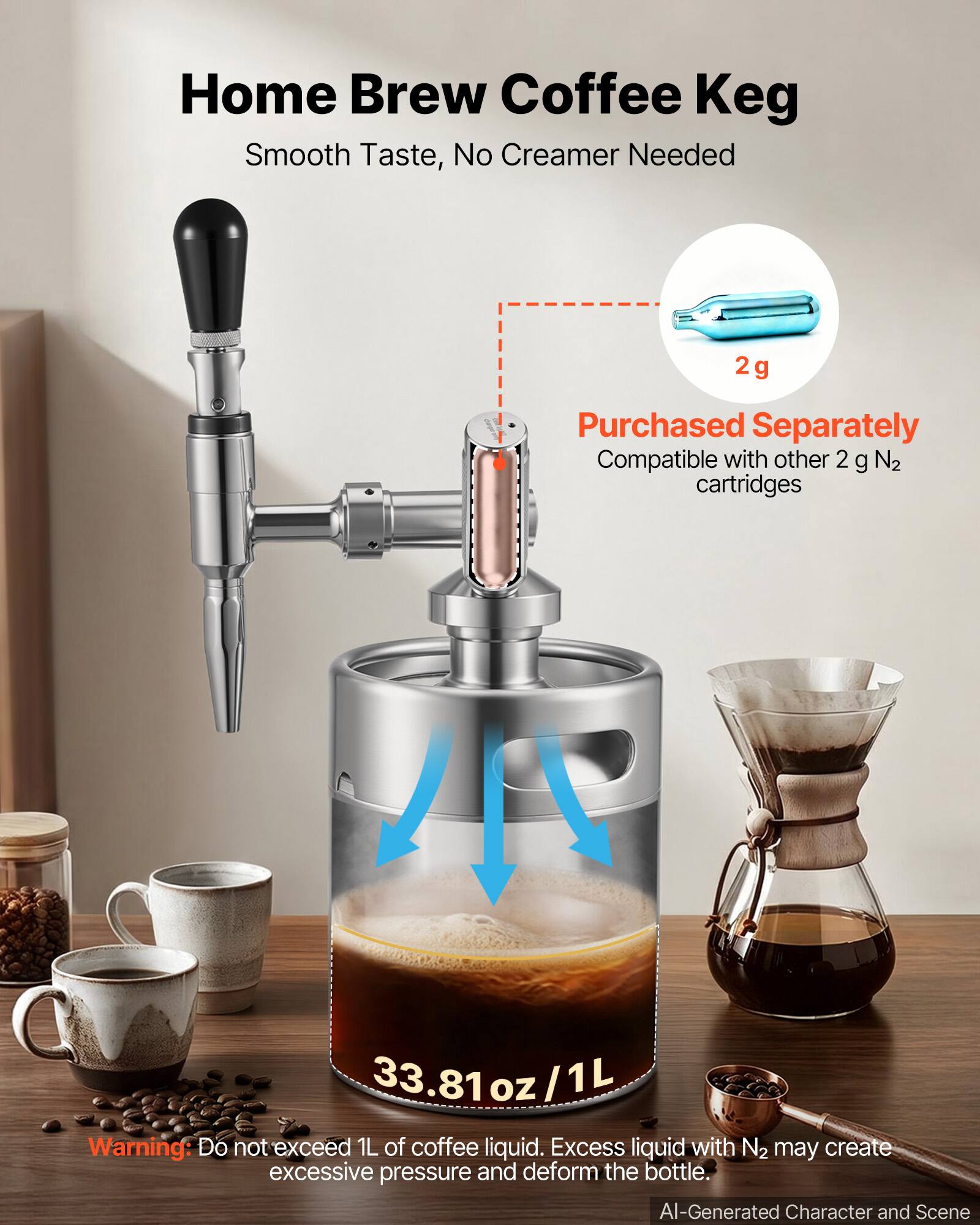 Home Brew Coffee Keg  
Smooth Taste, No Creamer Needed  

2 g Purchased Separately  
Compatible with other 2 g N2 cartridges  

33.81oz/1L  

Warning: Do not exceed 1L of coffee liquid. Excess liquid with N2 may create excessive pressure and deform the bottle.  

AI-Generated Character and Scene