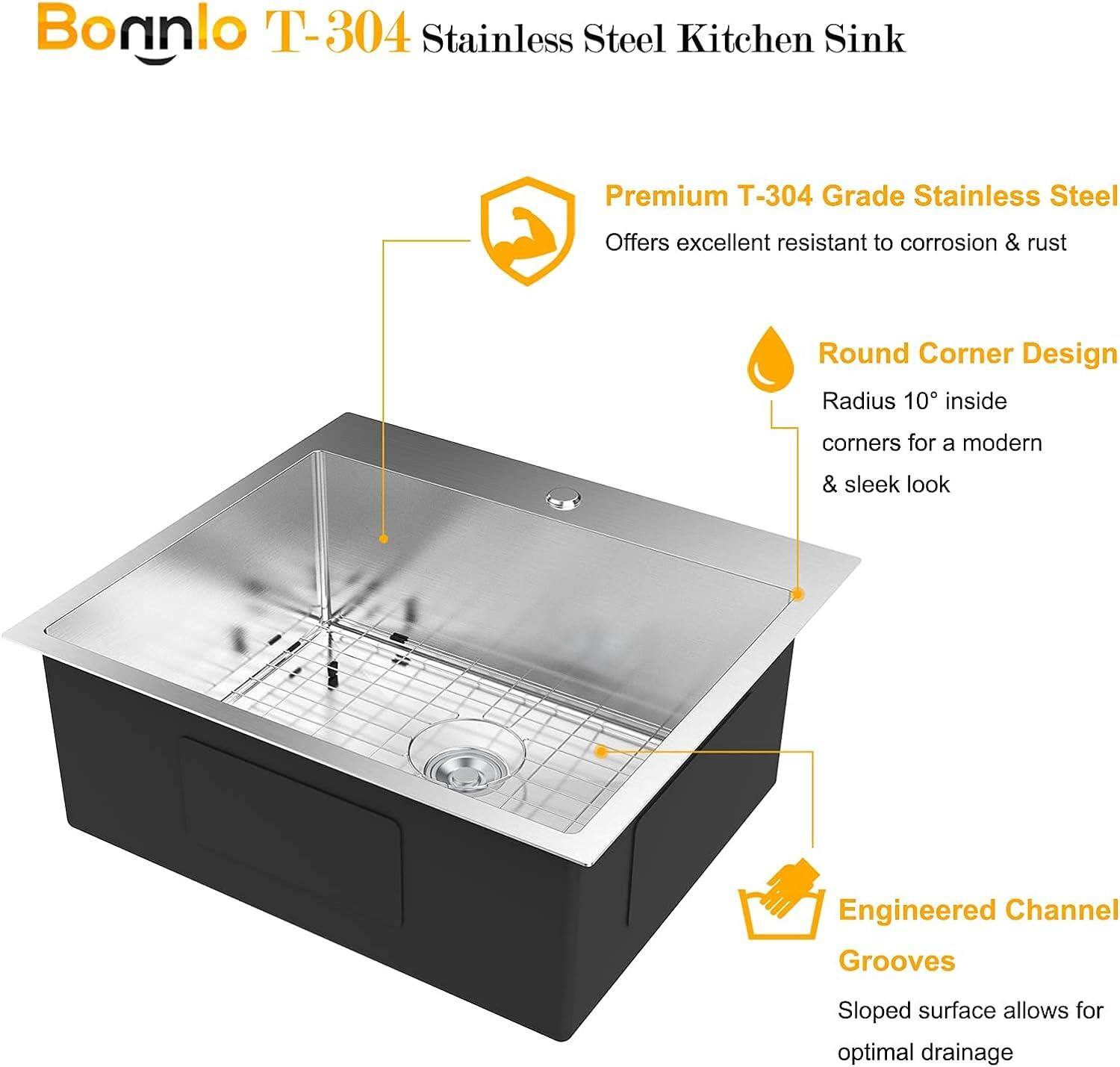 Bonnlo T-304 Stainless Steel Kitchen Sink

Premium T-304 Grade Stainless Steel
Offers excellent resistance to corrosion & rust

Round Corner Design
Radius 10° inside corners for a modern & sleek look

Engineered Channel Grooves
Sloped surface allows for optimal drainage