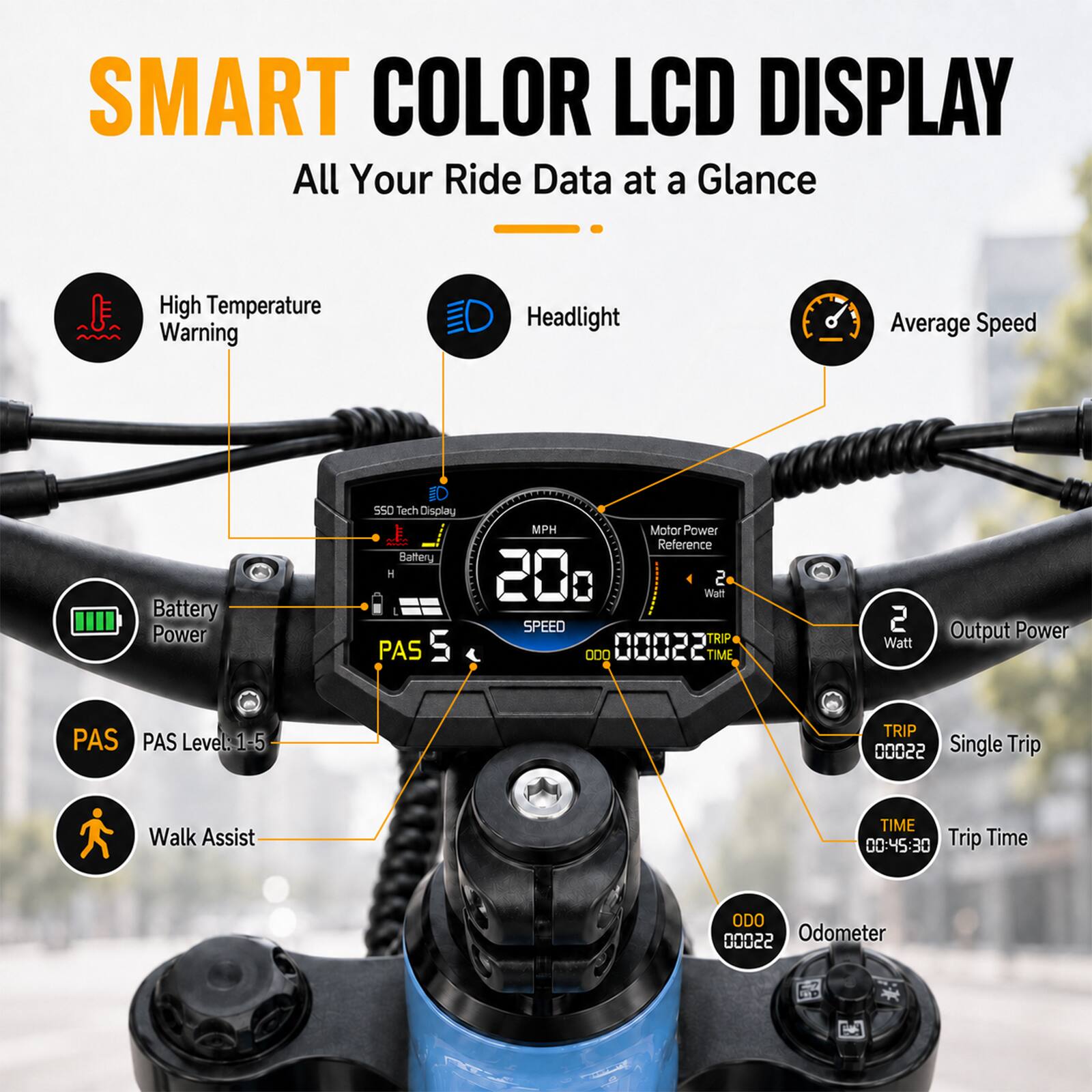 SMART COLOR LCD DISPLAY  
All Your Ride Data at a Glance

- High Temperature Warning
- Headlight
- Average Speed
- Battery Power
- PAS
- PAS Level: 1-5
- Walk Assist
- Output Power: 2 Watt
- TRIP 00022 Single Trip
- TIME 00:45:30 Trip Time
- ODO 55000 Odometer

D 550 Tech Display Battery H  
MPH Motor Power Reference 20 Watt  
2 SPEED TRIP 000 00022