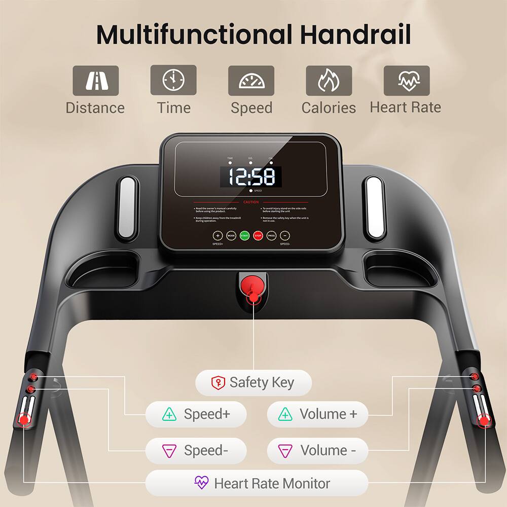 Multifunctional Handrail

- Distance
- Time
- Speed
- Calories
- Heart Rate

12:58

CAUTION

Safety Key
- Speed+
- Speed-
- Volume +
- Volume -
- Heart Rate Monitor