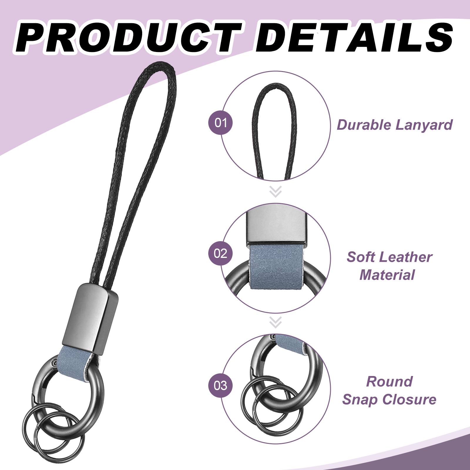 PRODUCT DETAILS  
01 Durable Lanyard  
02 Soft Leather Material  
03 Round Snap Closure