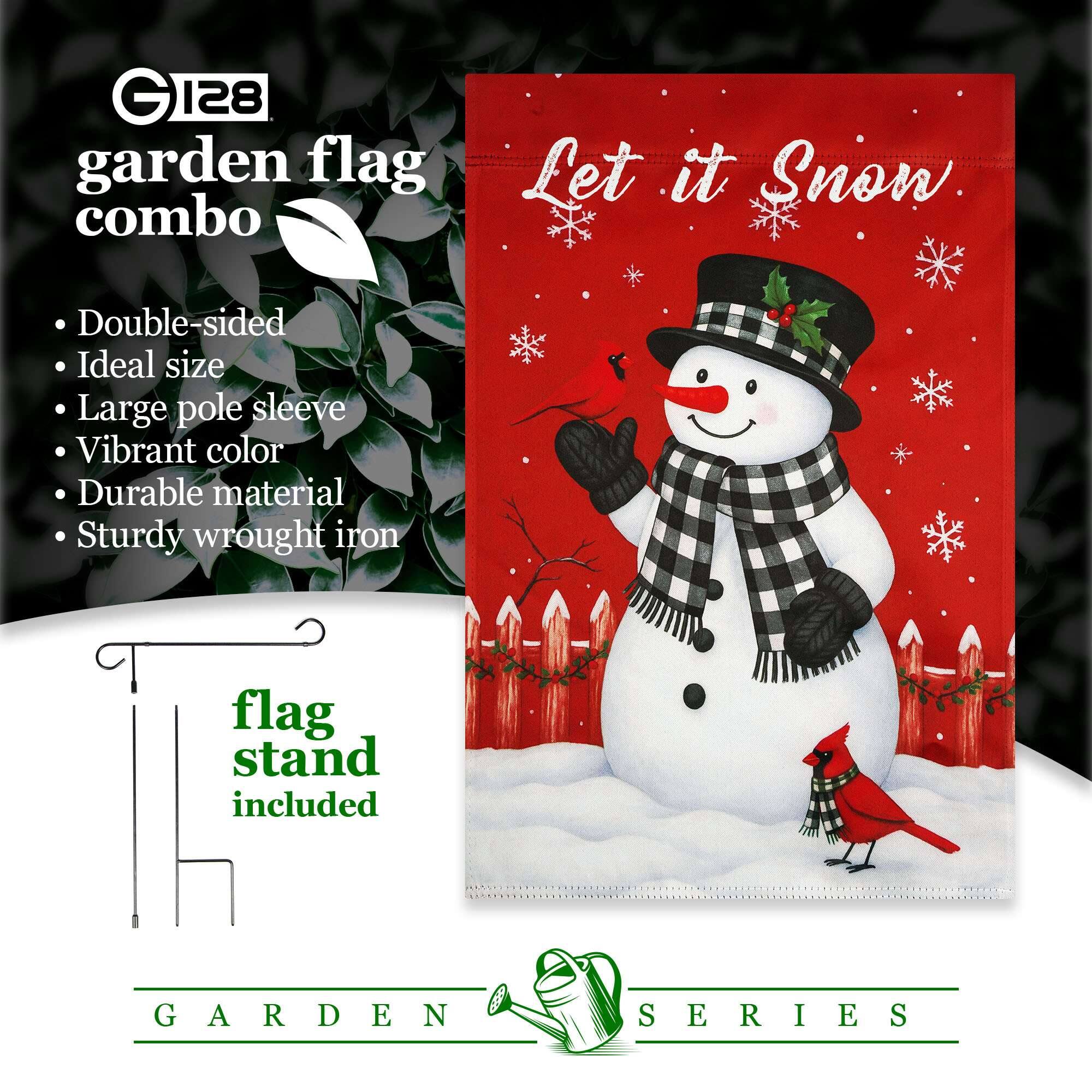 GLES garden flag combo

Let it Snow

Double-sided
Ideal size
Large pole sleeve
Vibrant color
Durable material
Sturdy wrought iron

flag stand included

GARDEN SERIES
