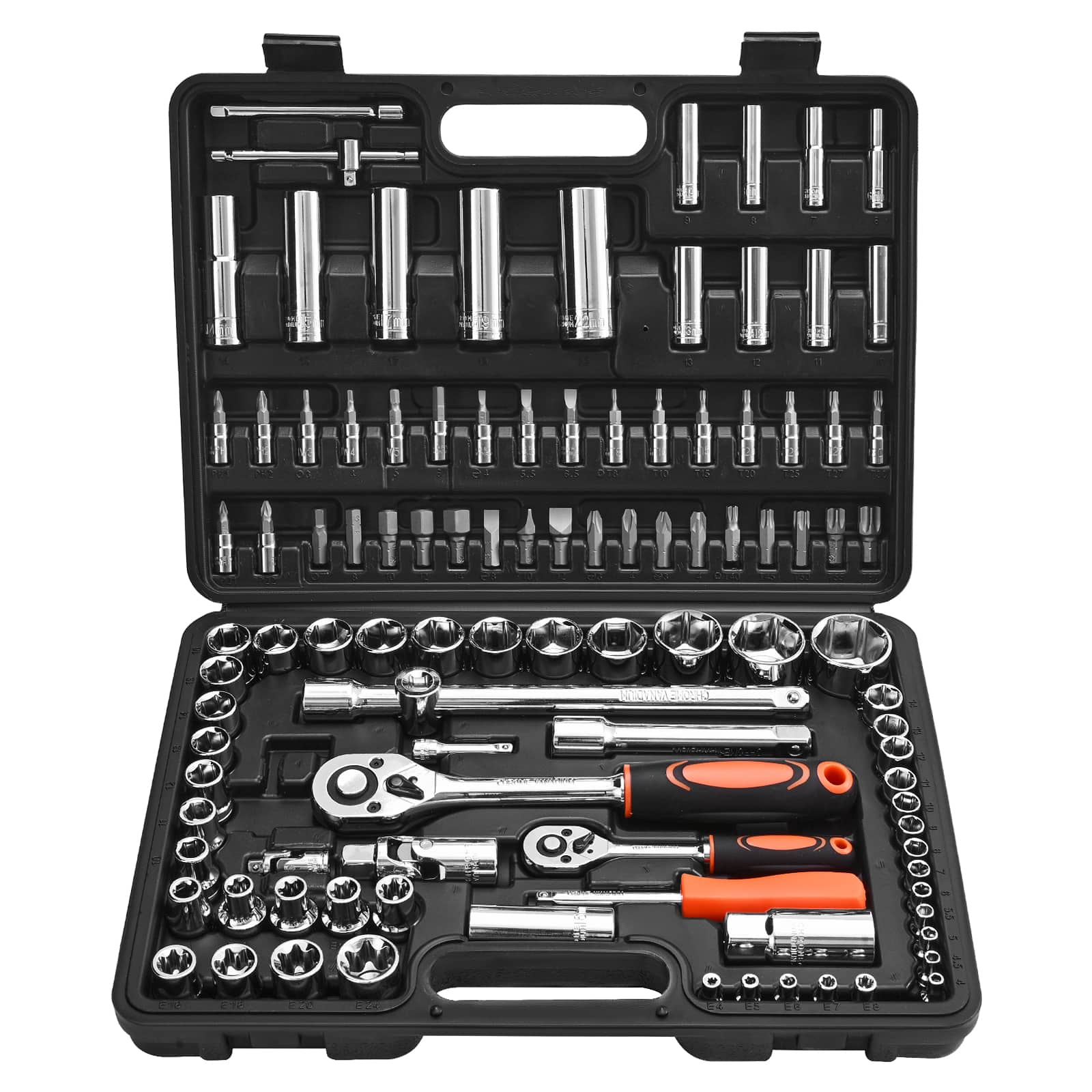VEVOR - Socket Set, 108 Pieces, 1/4 & 1/2 inch Drive Socket and Ratchet Set, Metric Size from 4 to 32 mm, Mechanic Tool Kit - Black+Sliver