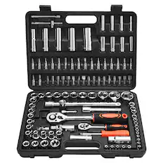 Front. VEVOR - Socket Set, 108 Pieces, 1/4 & 1/2 inch Drive Socket and Ratchet Set, Metric Size from 4 to 32 mm, Mechanic Tool Kit - Black+Sliver.
