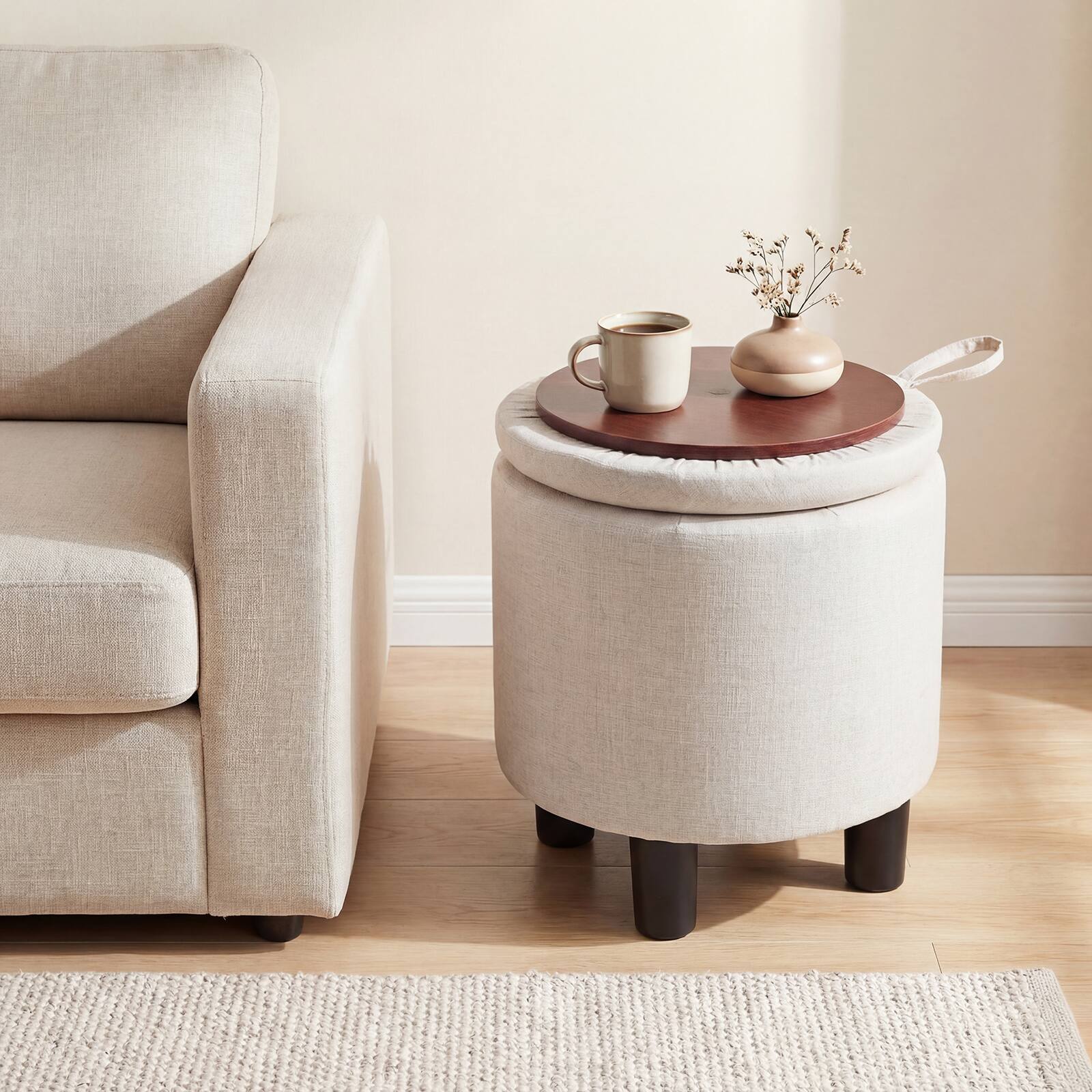 Alt View 3. Gymax - Gymax Round Storage Ottoman Linen Fabric Upholstered Footrest Stool w/ Removable Lid Beige - Beige.