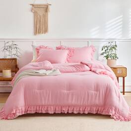 Cedar Assembly - Ruffled Comforter Set Size 3 Pieces 1 And 2 Pillowcases Farmhouse Shabby Chic Style With Layers Ruffle - Pink-Twin (1 Comforter + 2 Pillow Shams)